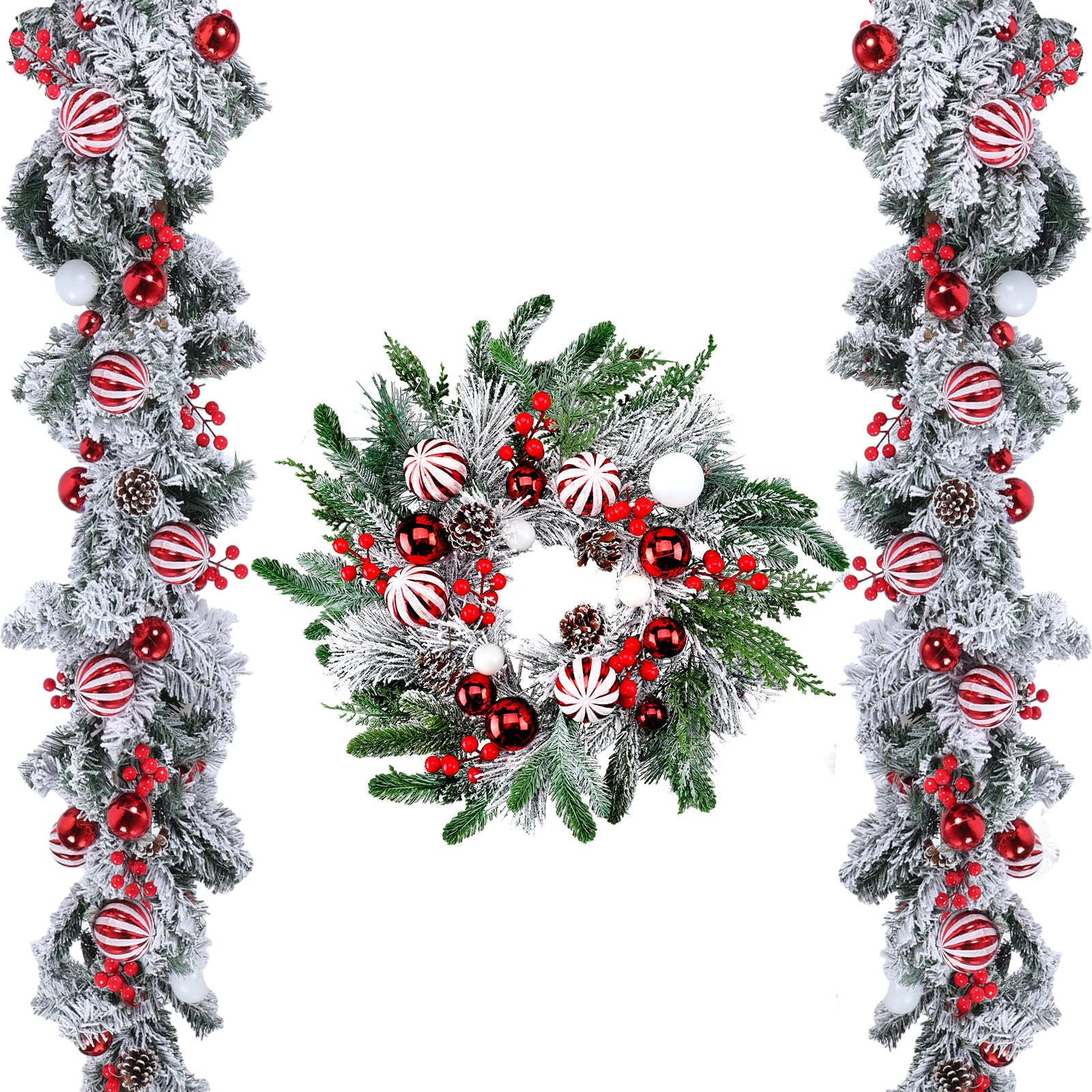 Zeyune Christmas Garland Wreath Set 8.2 Feet Crestwood Spruce Christmas Garlands Wreath 24 Inch Christmas Wreath for Front Door Hanging Christmas Mantel Garland Wreath for Holiday Decorations