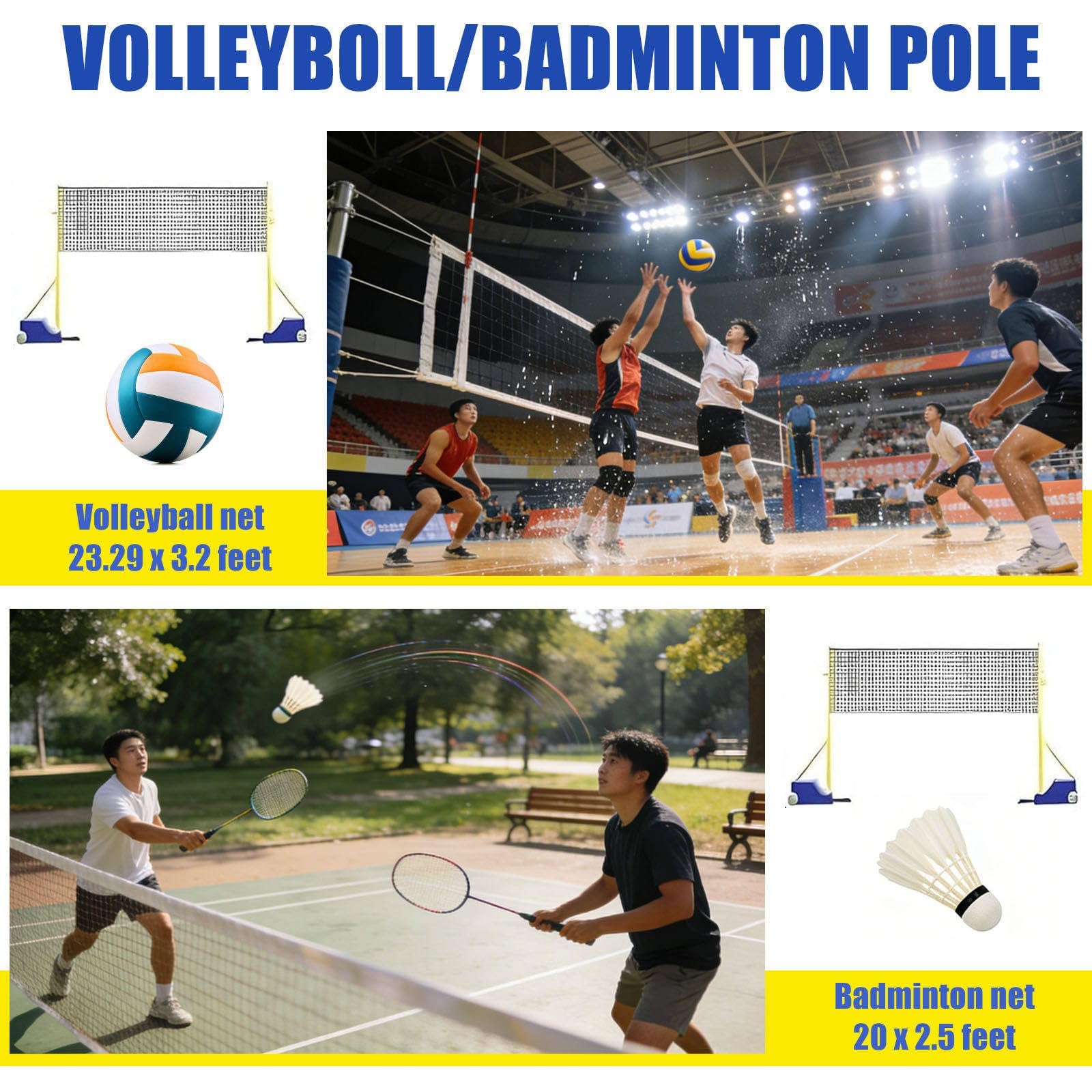 Verstellbares Volleyball-Badminton-Stangen-Set mit Netz, tragbarer Volleyball-Netzständer für drinnen und draußen, 4 Höhen (5 Fuß bis 6,8 Fuß), robust mit Rädern, für Hinterhof-Rasen