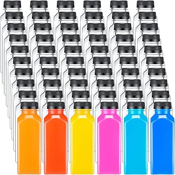 200 Pcs Plastic Juice Bottles with Caps Square Empty Clear Water Bottles Bulk Drinking Beverage Containers Reusable Empty Juicing Refillable PET Flasks with Lids for Drinks Smoothie12oz,Black