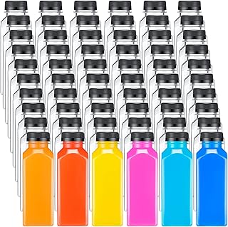 200 Pcs Plastic Juice Bottles with Caps Square Empty Clear Water Bottles Bulk Drinking Beverage Containers Reusable Empty Juicing Refillable PET Flasks with Lids for Drinks Smoothie(12oz,Black)