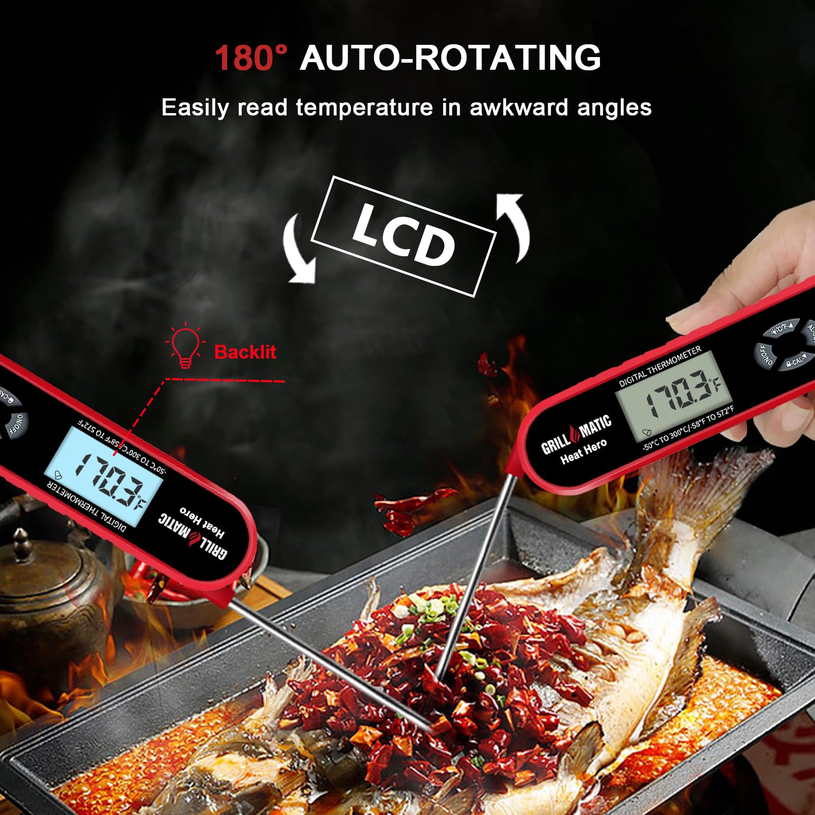 Heat Hero - Termómetro digital de lectura instantánea para cocinar y hornear con luz de fondo, función de sujeción e imán para cocina, carne de res, parrilla, barbacoa, dulces y pavo