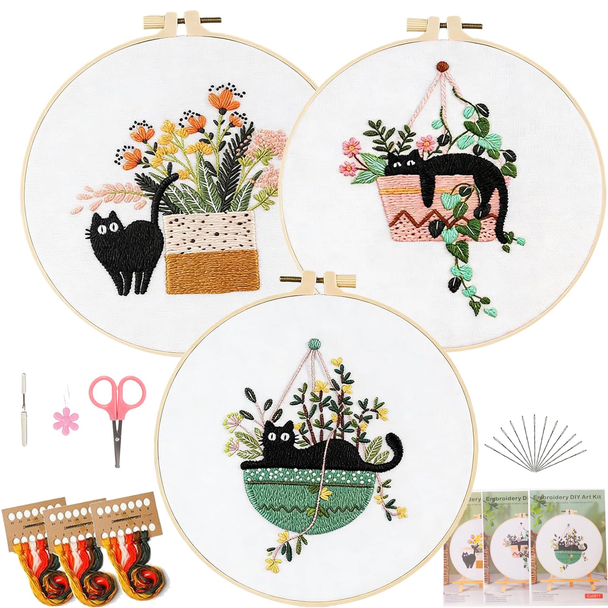 WLHFDC 3PCS Embroidery Kit for Adults Beginners,DIY Cross Stitch Craft Kits with CatPattern,Hoop,Thread & Needles,Hobbies for Women,Sewing Starter Hand Floral Gift Set for Women & Teens