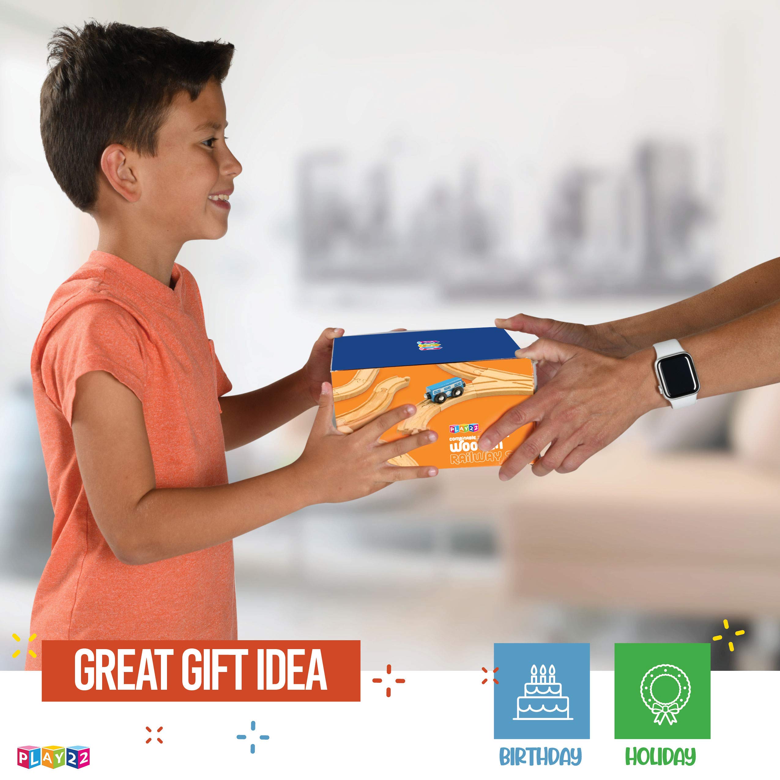 Play22 Wooden Train Tracks 52 PCS Wooden Train Set + 2 Bonus Toy