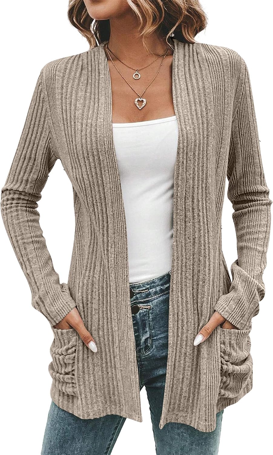 Women's 2025 Fall Open Front Cardigan Long Sleeve Thin Ribbed Knit Sweater Loose Outerwear Coats with Pockets