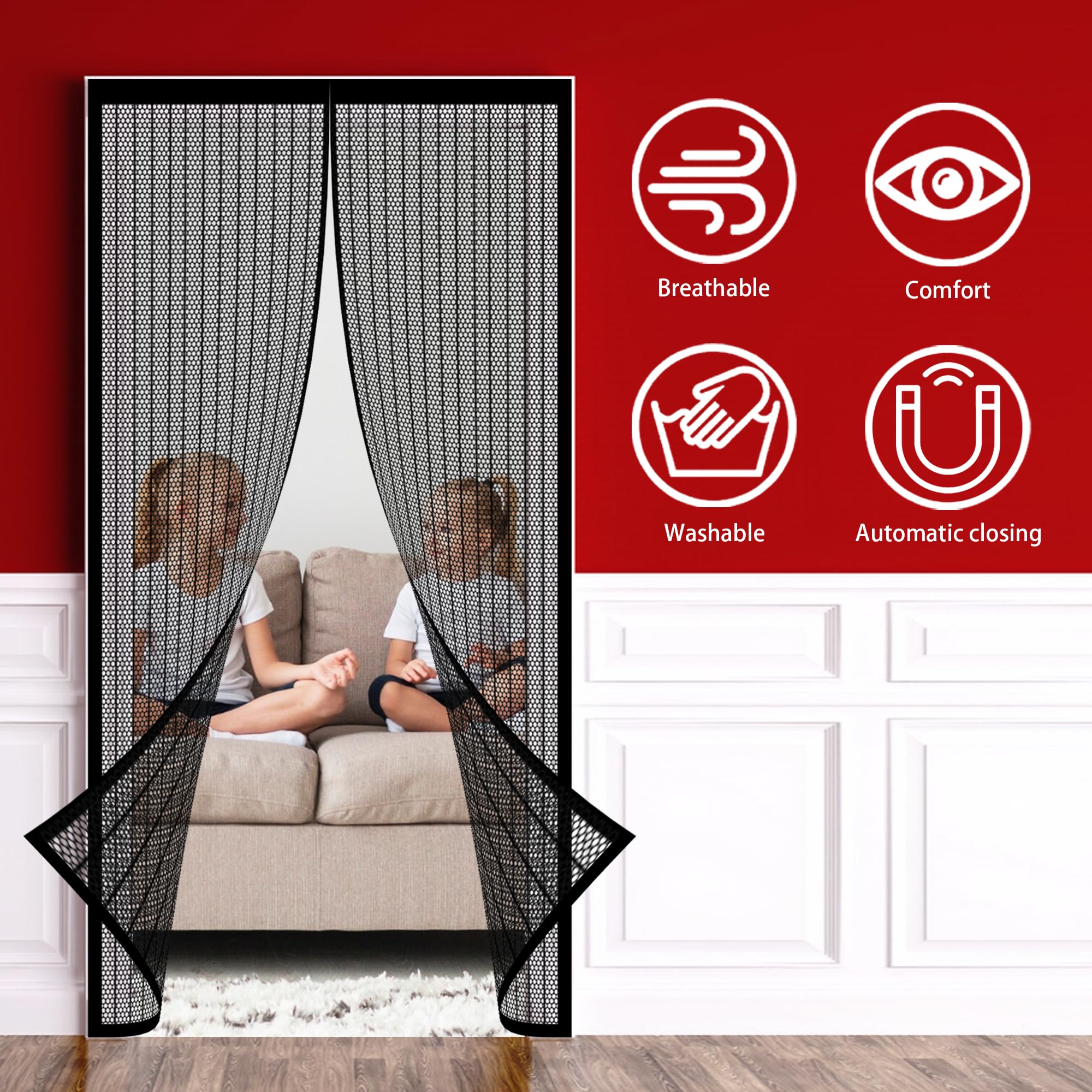 Zanzariera Magnetica 107 x 248 cm Varie Taglie Tenda con Magneti Anti Zanzare Anti Insetti Traspirante Chiusura Automatica per Porta Finestra Balcone Soggiorno Ingresso, Nero