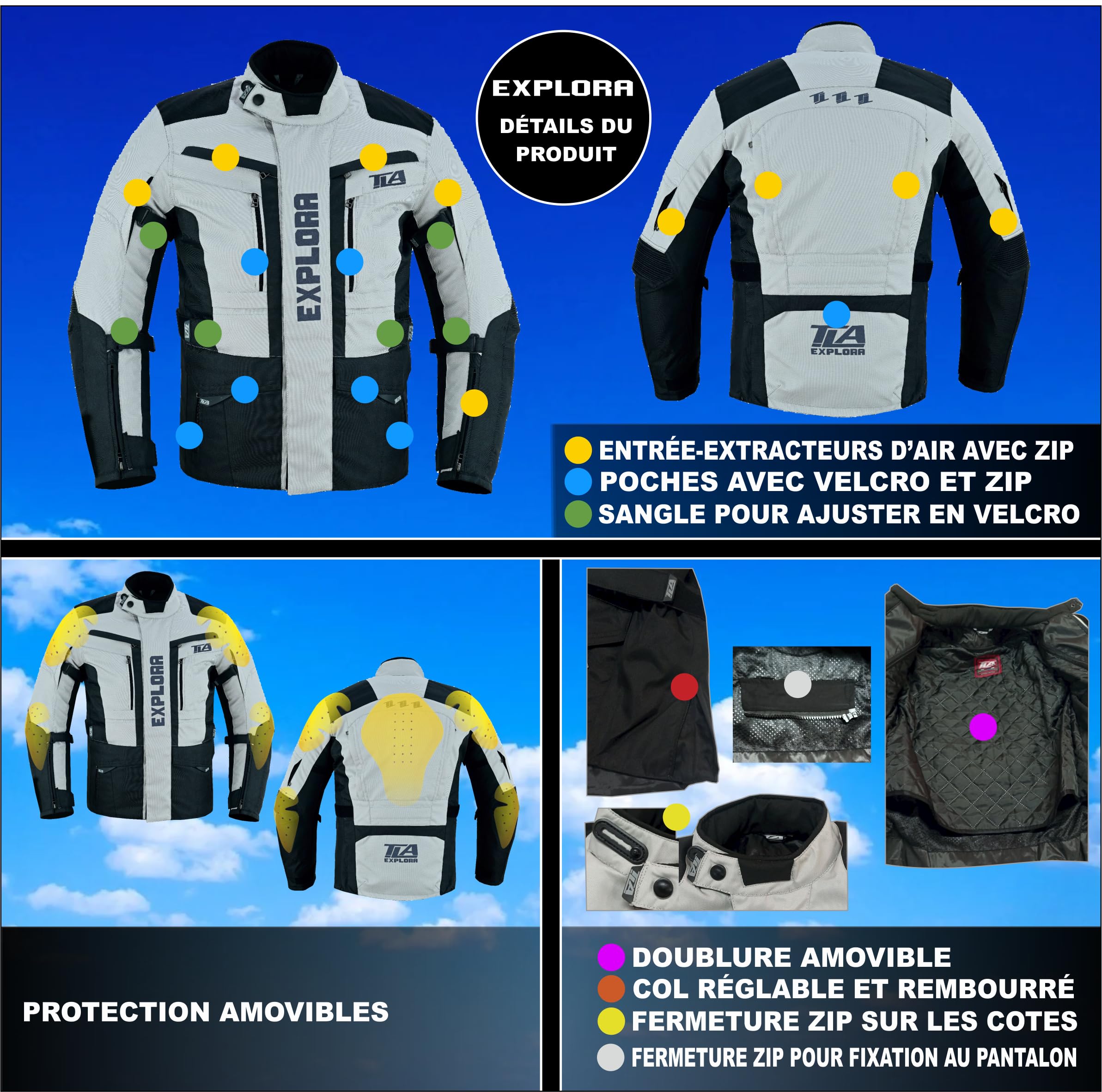 TLA EXPLORA Chaqueta de Moto con Protecciones de 2 Capas, para Las 4 Estaciones | forro desmontable, transpirable, tallas hasta la 7XL, unisex para hombre y mujer, para enduro, quad, ATV y moto de nieve.