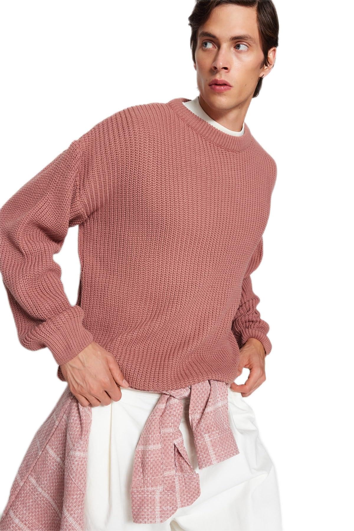 Trendyol Man Oversize Basic Crew Neck Knitwear Sweater,Dried Rose,M