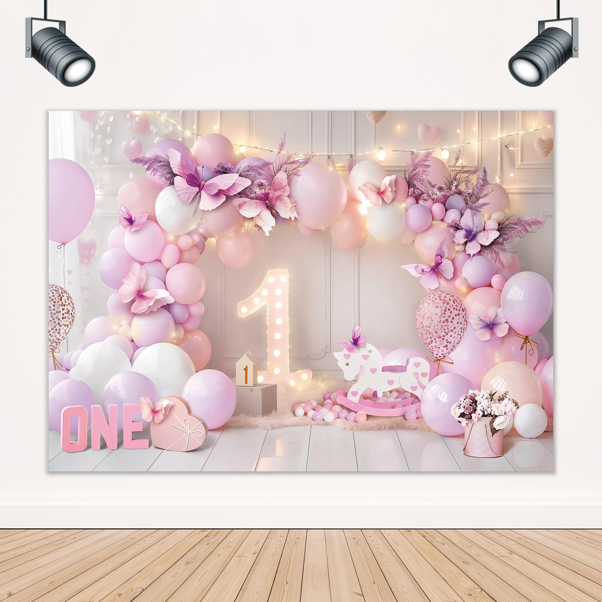 LIGHTINHOME Girl 1st Birthday Backdrop 5Wx3H Feet for Purple Pink Princess Balloons Lights Butterfly First Bday Photography Background Decorations