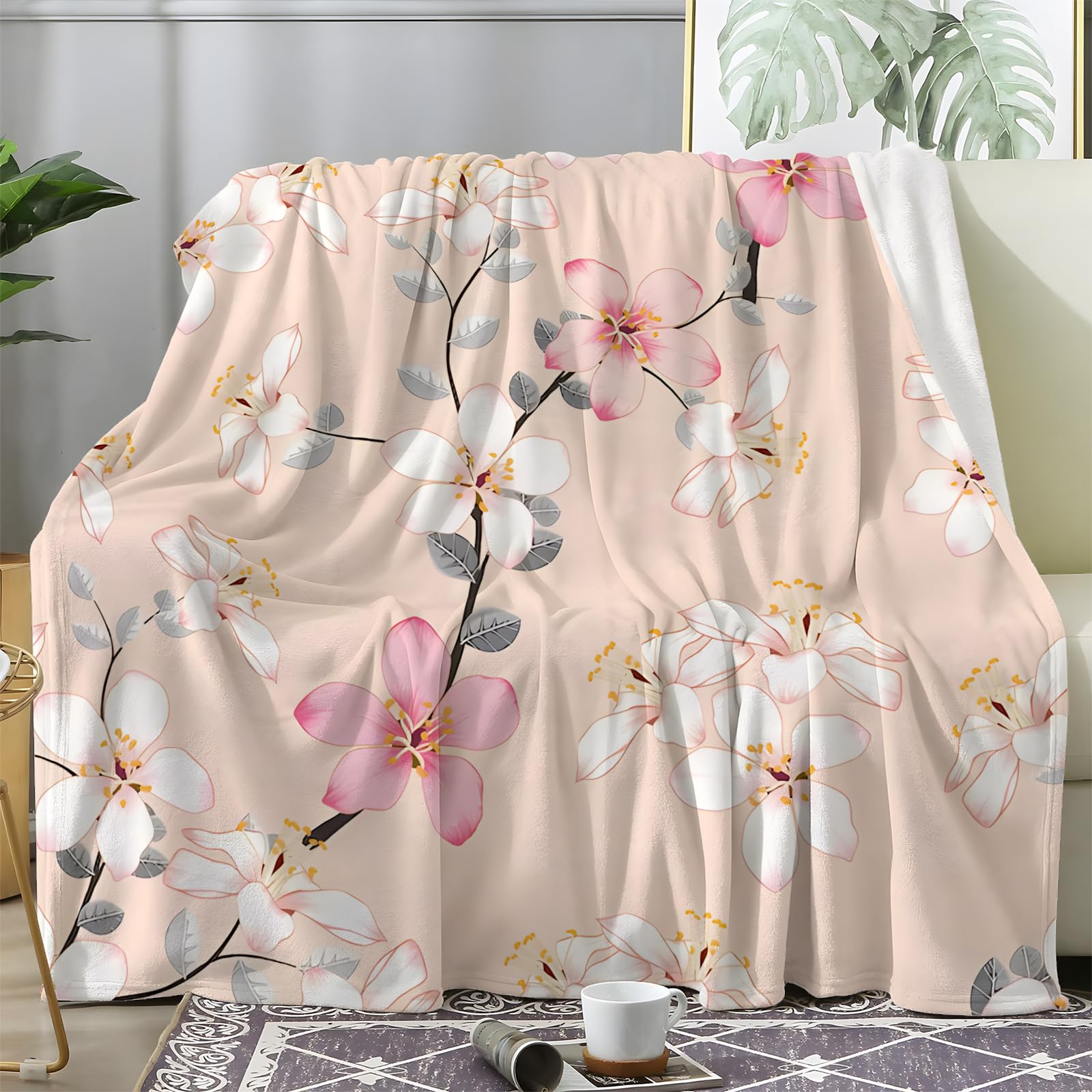 Manta Flor de Durazno, Mantas Sofa Rama de Flores, Manta Polar Floral, Manta Cama 90 Invierno, Manta de Franela Suave y Caliente, Manta 150x200 cm, S-190