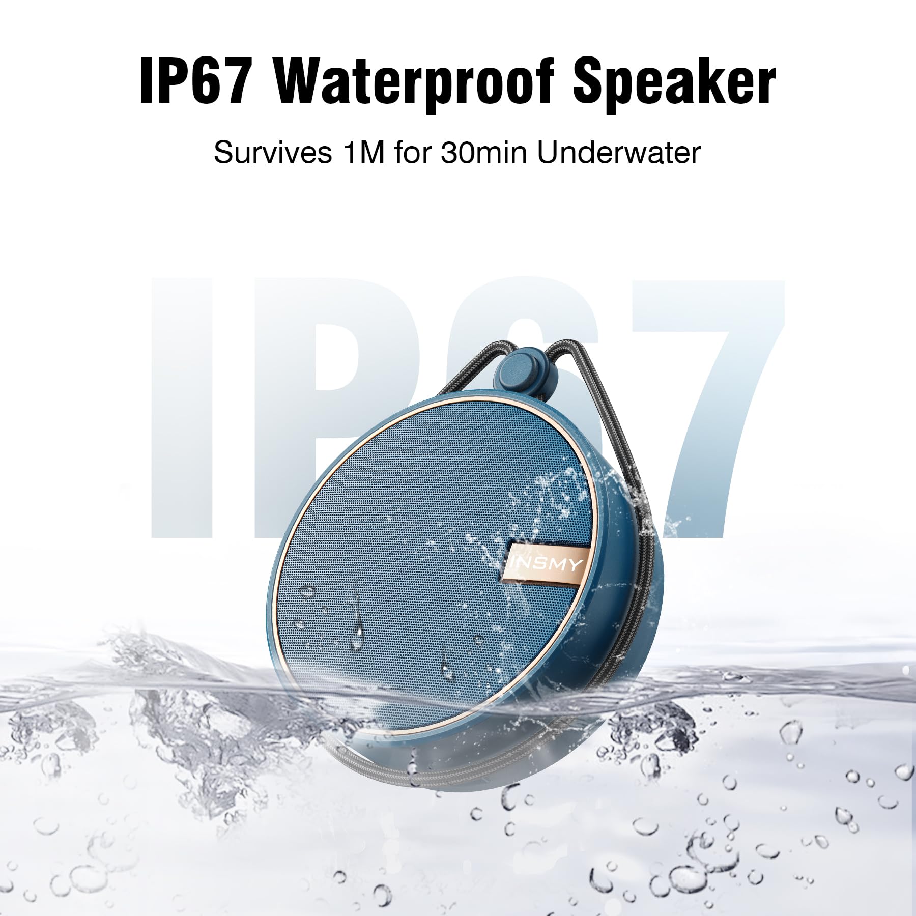 INSMY - Altavoz portátil bluetooth resistente al agua, protección IPX7, inalámbrico para exteriores, la ducha. Sonido HD, compatible con tarjetas micro SD, ventosa, 12 horas de reproducción; ideal