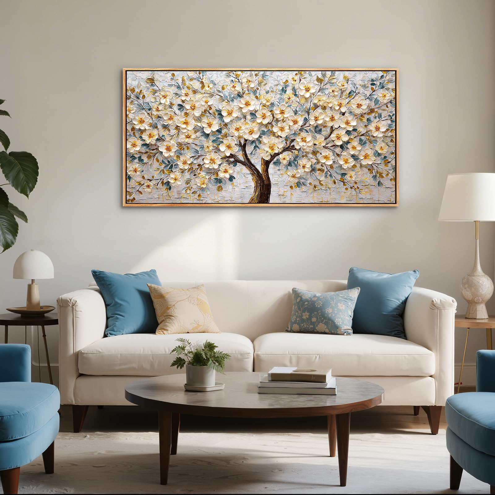 SERIMINO Natürliche Wandbild mit Rahmen Baum des Lebens Bilder 73x146 cm | Weissgoldene Blüten Wanddeko, Hochauflösender Druck, Leinwand Holzrahmen, Einfache Montage, Als Geschenk Geeignet