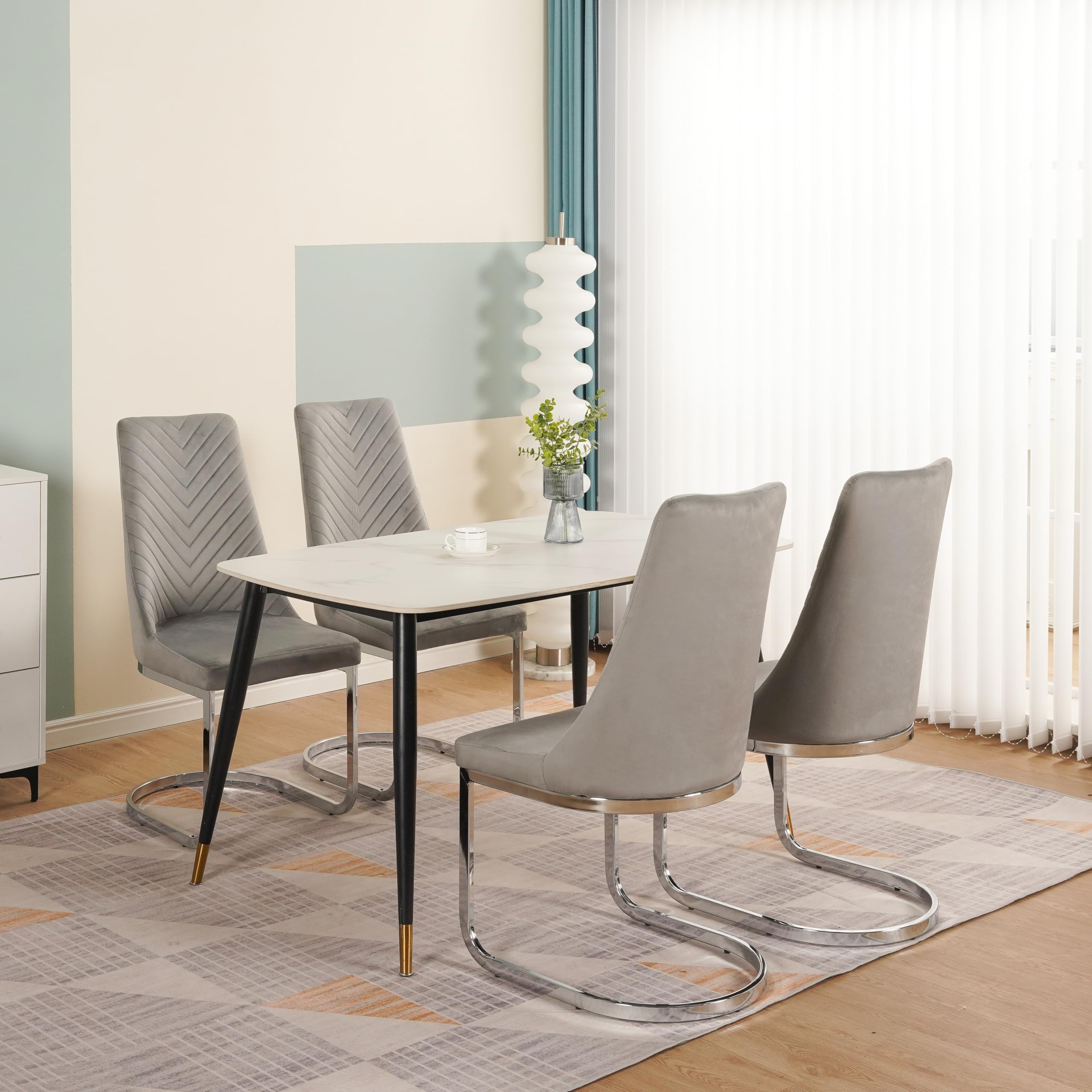 Display Guru Luxurious High Backrest, Armless Soft Velvet with Silver Chrome Metal Frame Dining Chairs, Colours available Beige, Teal, Black and Grey (4, Grey)