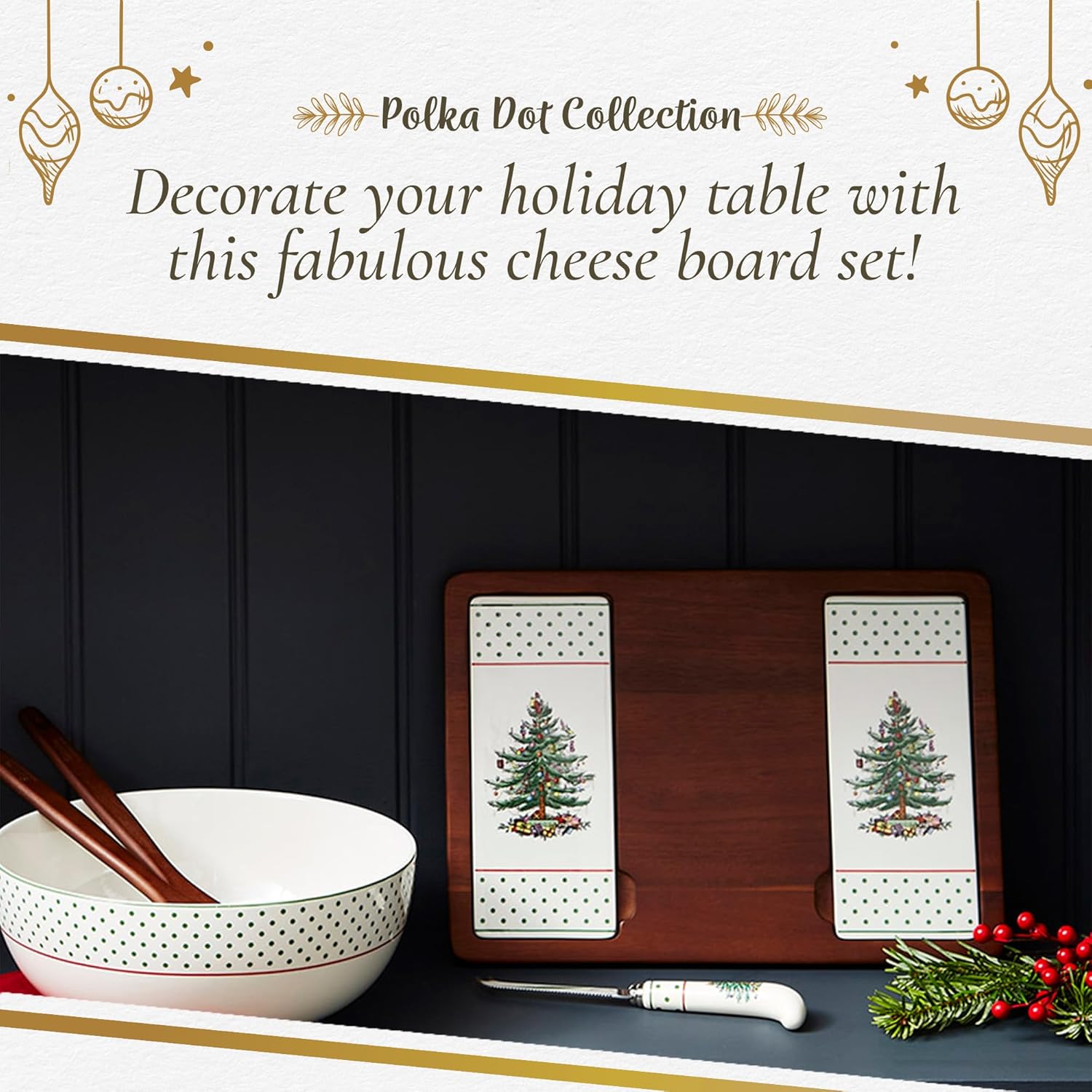 Spode Christmas Tree Cheese Board & Knife Set, Polka Dot - Holiday Entertaining, Charcuterie & Cracker Tray, Seasonal Serveware - Christmas Table Setting & Cheese Presentation