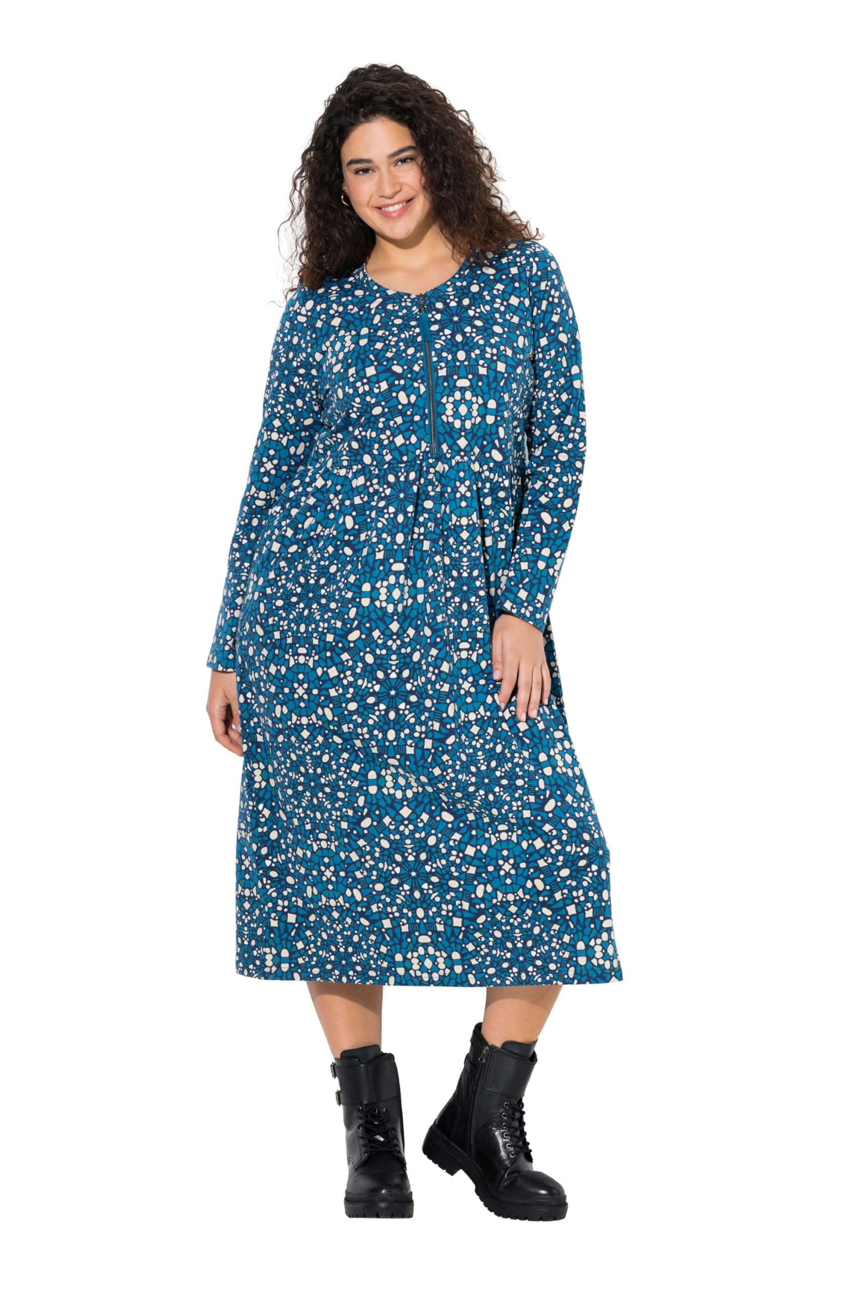 Ulla Popken Damen große Größen Übergrößen Plus Size Sweat-Midikleid, Zipper, A-Linie, Rundhals, Langarm 844722