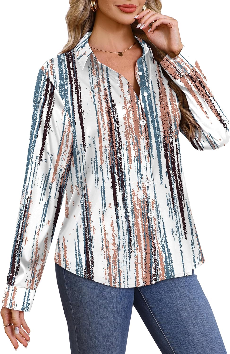 OFEEFAN Womens Button Down Shirts Long Sleeve Tops Silk Satin Blouses Business Casual Fashion Outfit - Image 4