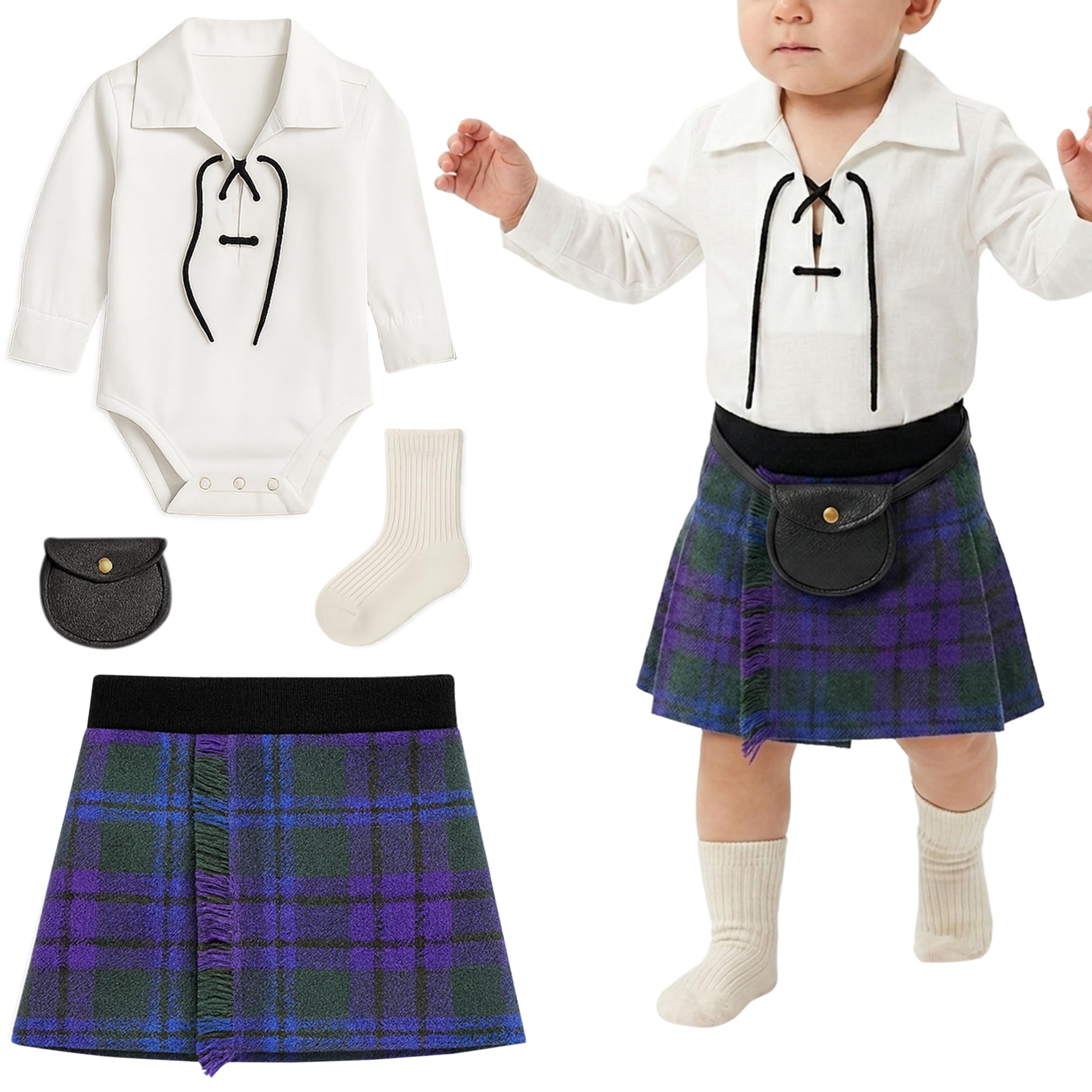 BRAW CLANS TARTANS Baby Kilt Outfit for 12-24 Months, Ghillie Shirt, Sporran & kilt hose - Traditional Scottish Spirit of Scotland Tartan Gift for baby