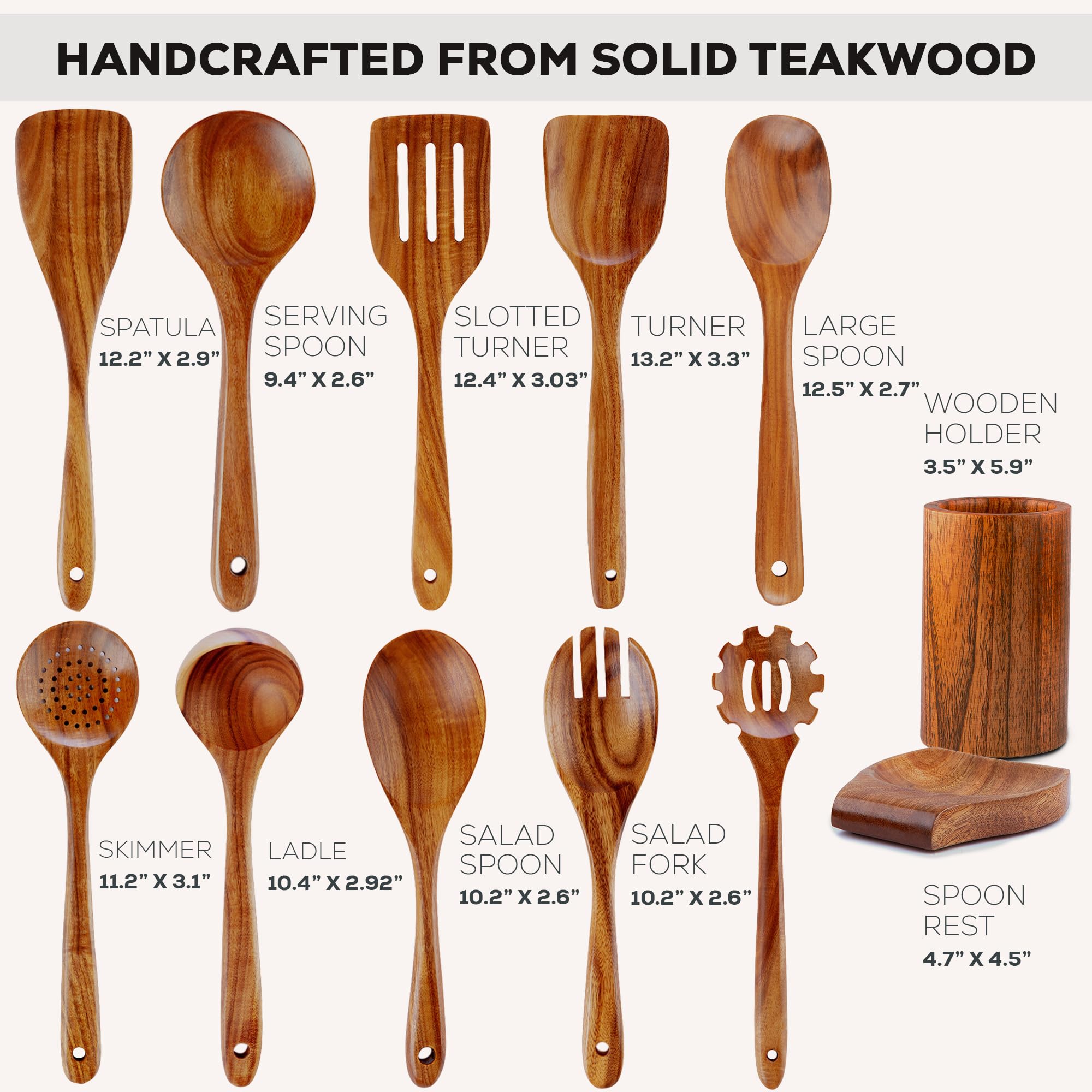 Zulay Kitchen Utensili da cucina in legno di teak naturale, 12 pezzi, con confezione regalo di alta qualità, cucchiai in legno antiaderenti per cucinare, set regalo da cucina, set di utensili in legno