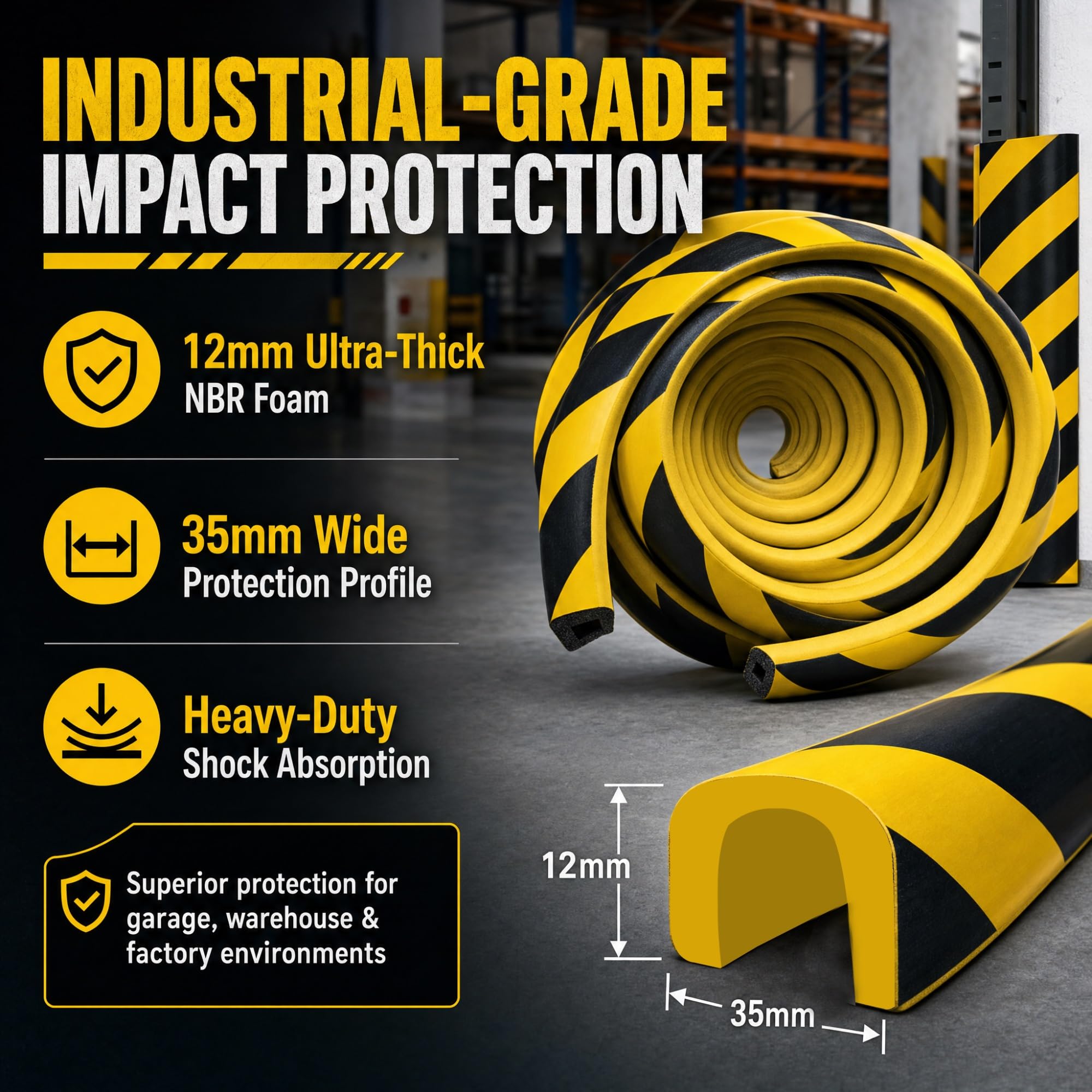 Protector Esquinas Pared Negro Amarillo de Espuma, Protector Mural Autoadhesivo 500Cm, Pack de 4 Protecciones Industriales for Borde Maquinaria