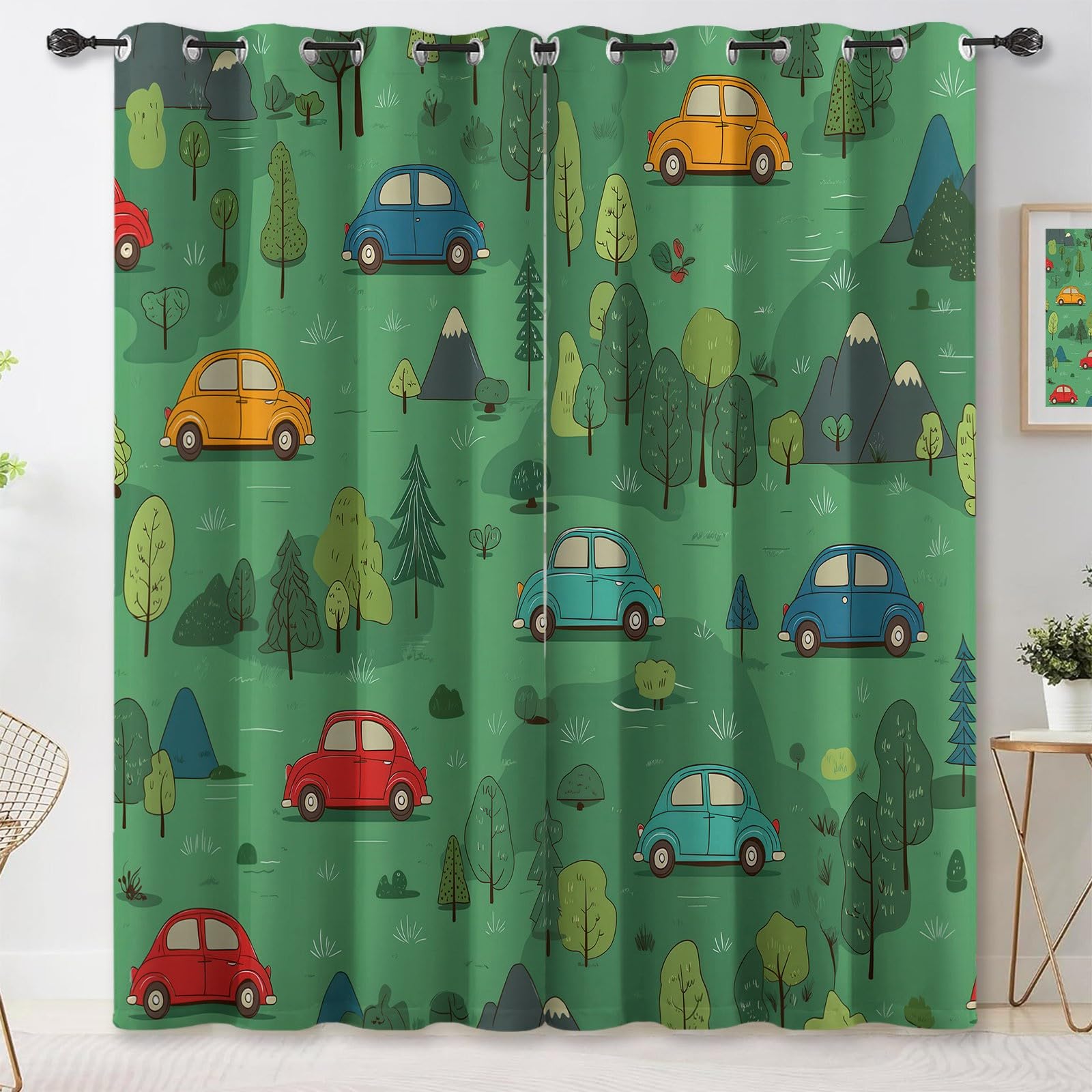 Zasłony zaciemniające z oczkami 140 l x 260H cm (2 panele), drukowane słodkie samochody z kreskówek zasłona termoizolacyjna odporna na zimno i ciepło do sypialni dla dorosłych i salonu, góry zielonego