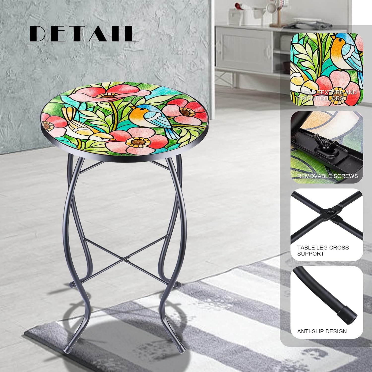 VCUTEKA Patio Side Table Outdoor Accent Table Bistro Coffee Table Plant End Table Small Porch Table Indoor Round Glass Balcony Plant Table Stands