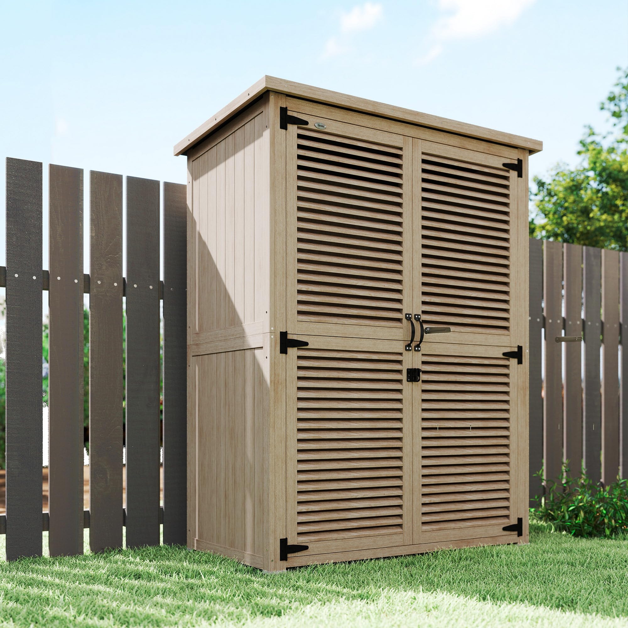Outsunny Caseta de Jardín de Madera, 127x65x168 cm, Cobertizo Jardín Exterior, Armario para Almacenaje Herramientas, con 2 Puertas de Persiana 2 Estantes Techo Impermeable para Patio Terraza, Natural