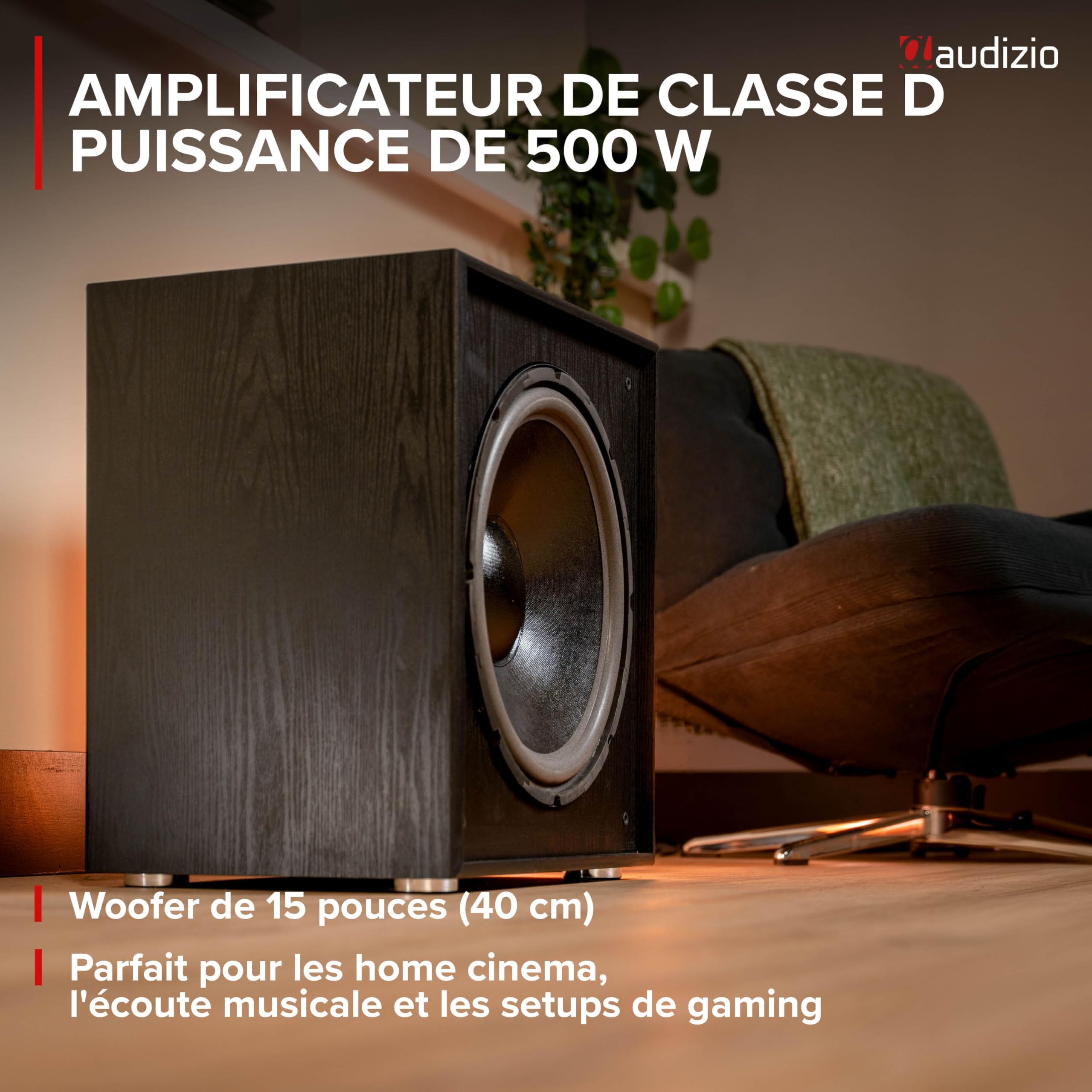 Audizio SHFS15B Subwoofer Actif 15 Pouces 500W Noir - Caisson de Basses Hi-FI pour Home Cinema et Système Audio Salon