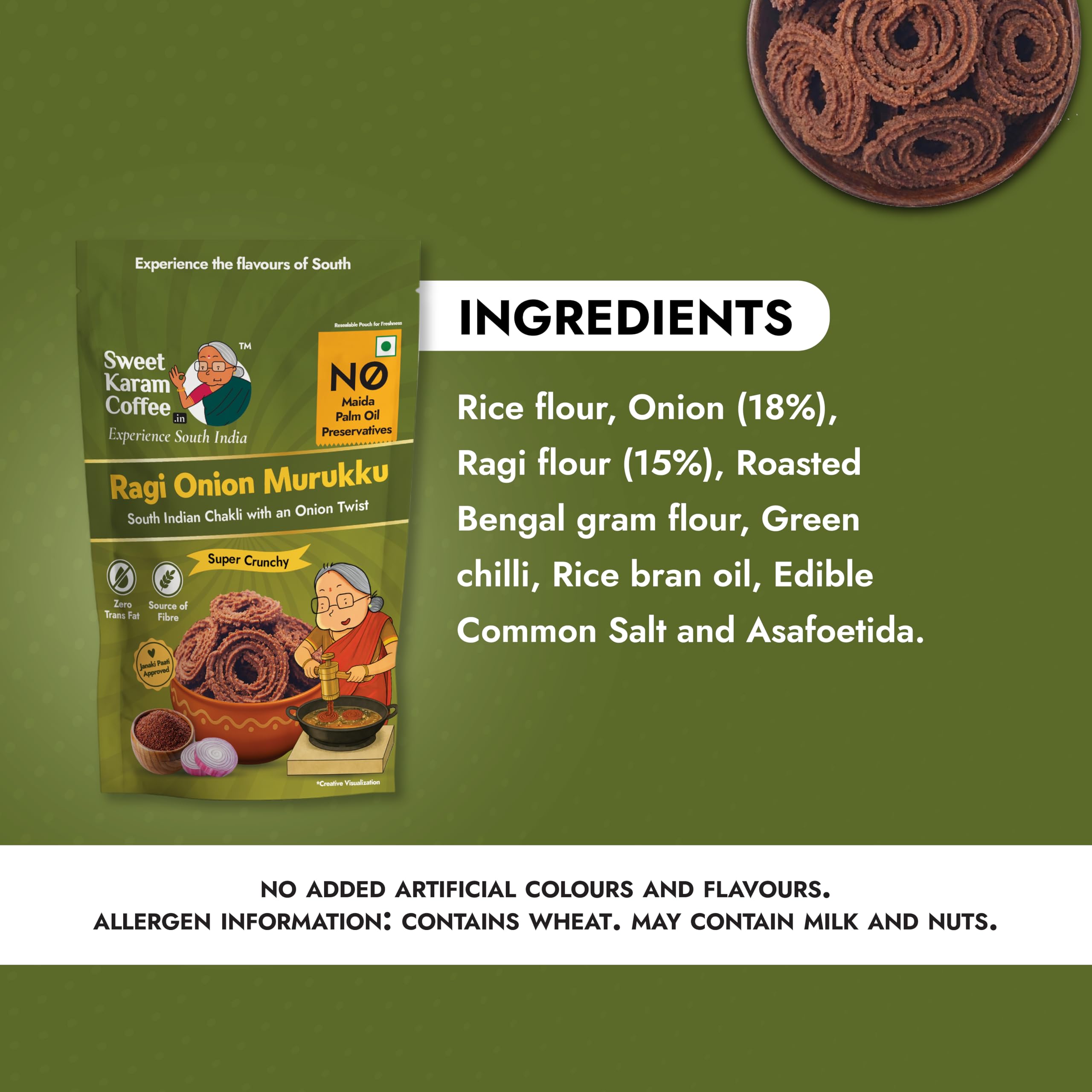 Sweet Karam Coffee Ragi Onion Murukku - 95g | No Maida, Palm Oil or Preservatives | Authentic South Indian Chakli Snack | Crispy Tea-Time Namkeen | Homemade & Flavorful Recipe 1