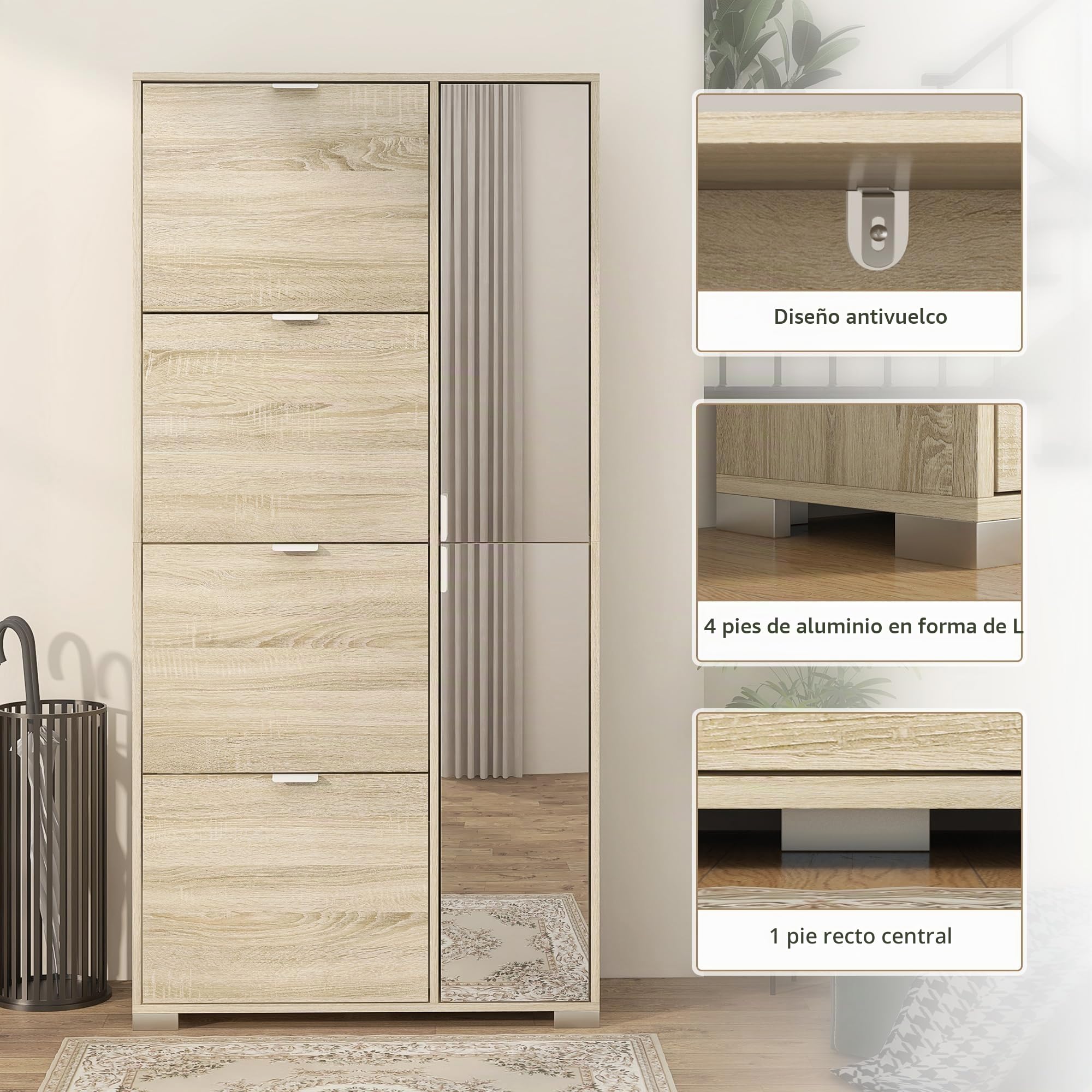HOMCOM - Mueble para zapatos, con 2 armarios, 4 tapas y fachadas Espejo, estantes ajustables para 16 pares de zapatos, roble