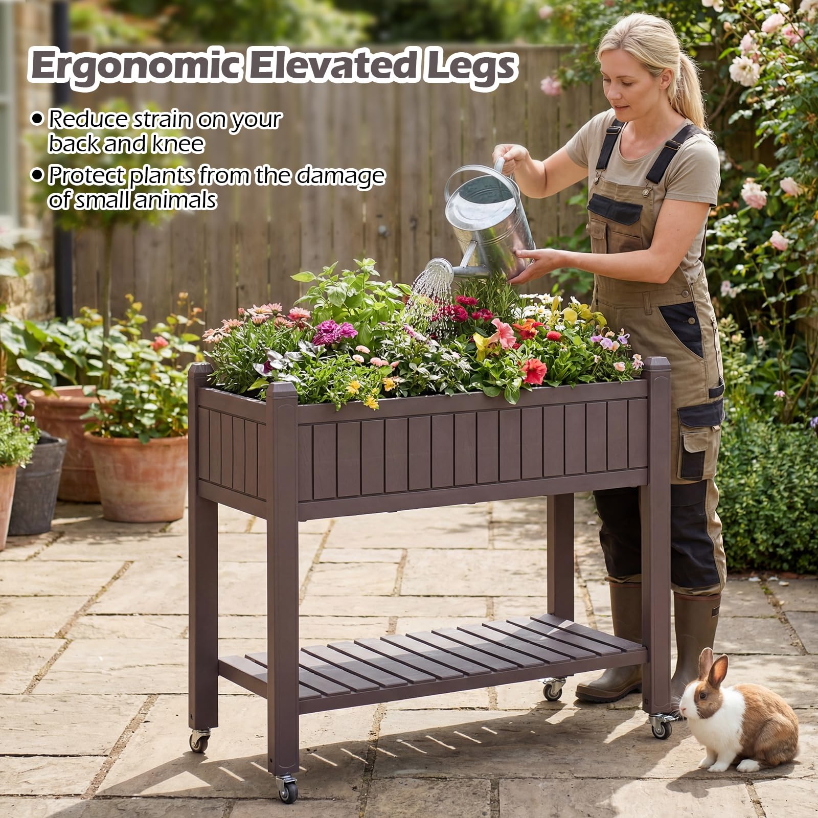 FANTASK Blumenkasten mit Ablage & 4 Rollen, Hochbeet mit Wasserstandsanzeiger & Ablauflöchern, Gartenbeet aus Kunststoff & Metall, Kräuterbeet Gemüsebeet, Anzuchtbeet für Balkon Garten Terrasse, Braun