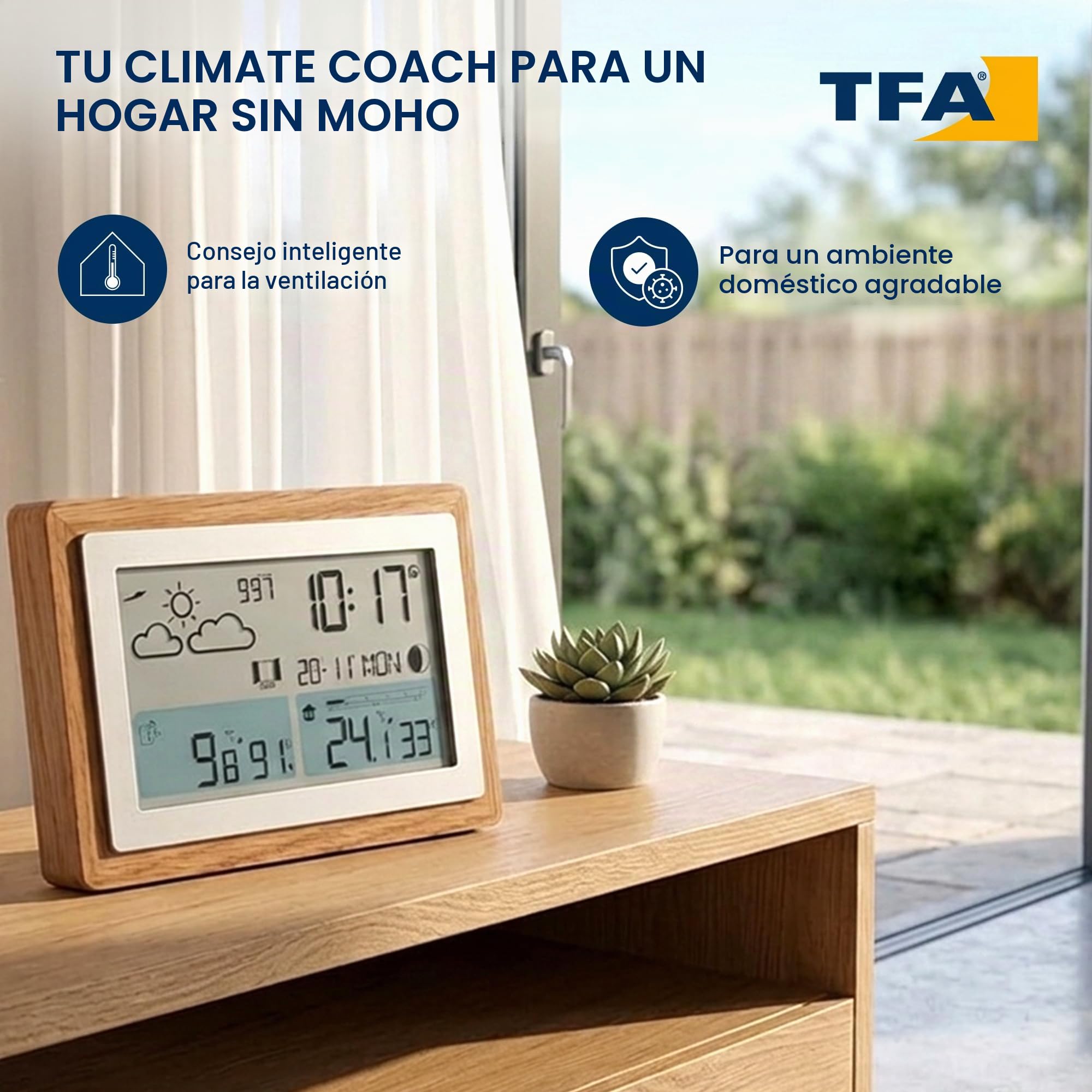 TFA Dostmann Oak 35.1167.54 - Estación meteorológica inalámbrica con sensor exterior y marco de madera, temperatura interior y exterior, ventilación recomendada, intensidad variable, reloj despertador