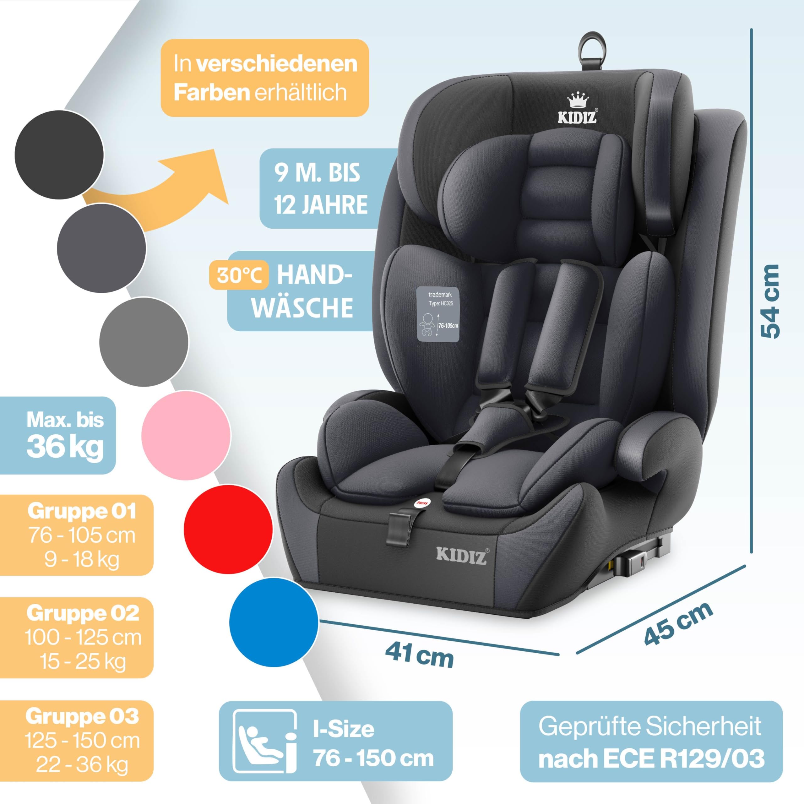 KIDIZ® Autokindersitz mit Isofix i-Size R129 100-150cm Gruppe 1/2/3, 5-Punkt-Gurt, höhenverstellbare Kopfstütze, Anthrazit
