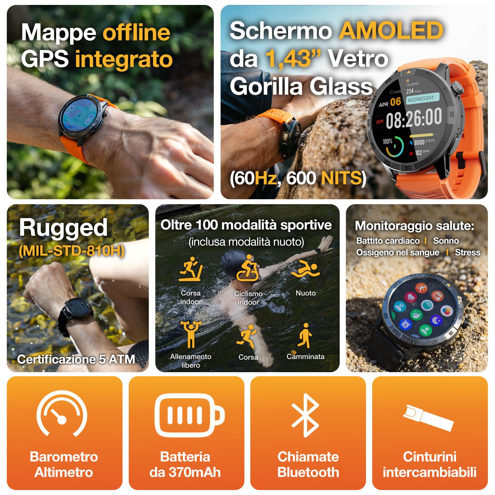 AGM Legion Pro Smartwatch Uomo Militare, Orologio GPS Trekking Rugged con Mappe Offline, 1,43" AMOLED, Chiamate, MIL-STD-810H, 5ATM Impermeabile, Fitness, 2 Cinturini