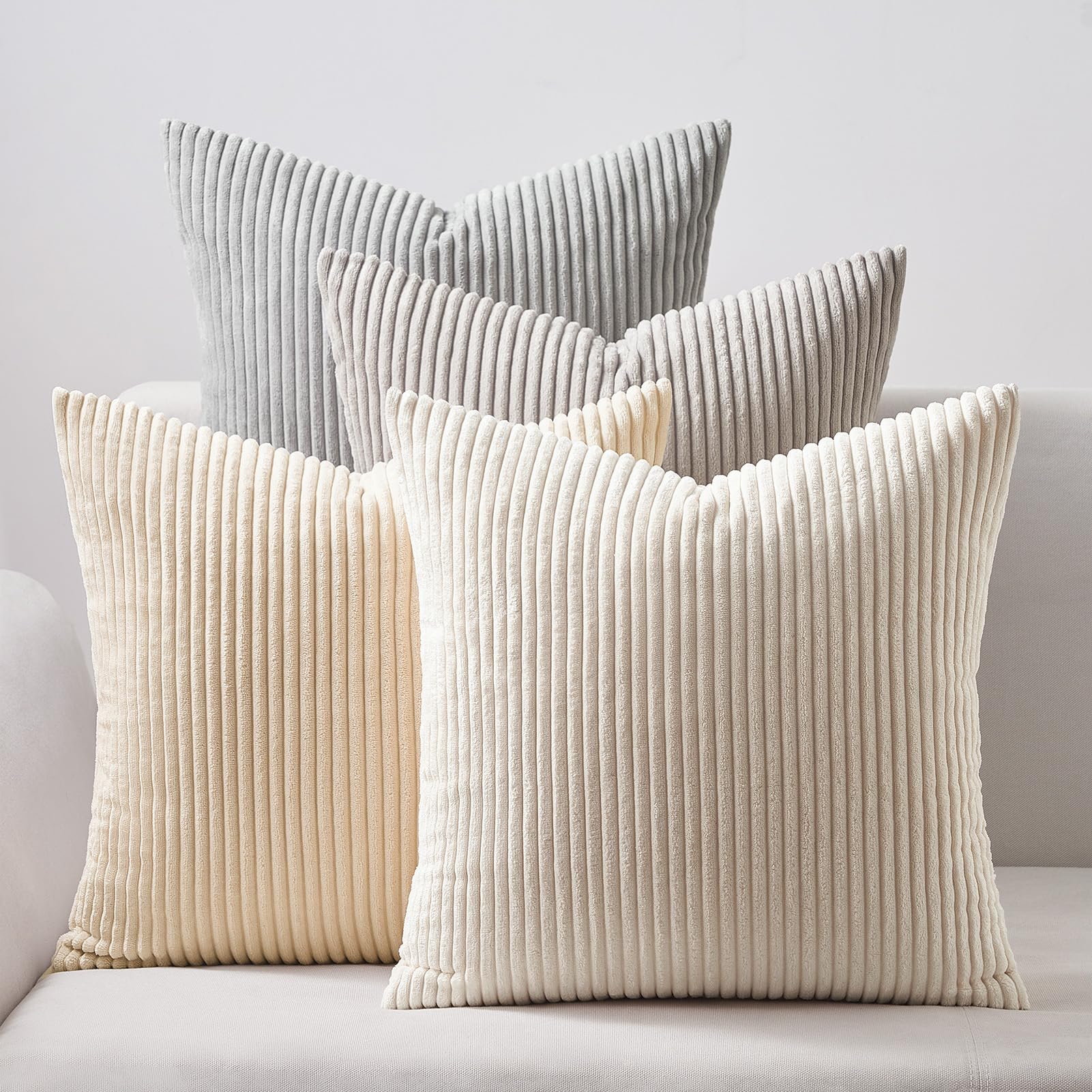 Topfinel 4 Packs Neutral Decorative Throw Pillows Covers 12x12 Inch for Living Room Couch Bed Sofa, Rustic Farmhouse Boho Neutral Home Decor, Soft Plush Striped Corduroy Square Cushion Case 30x30 cm Neutral 12" x 12" (Pack of 4)