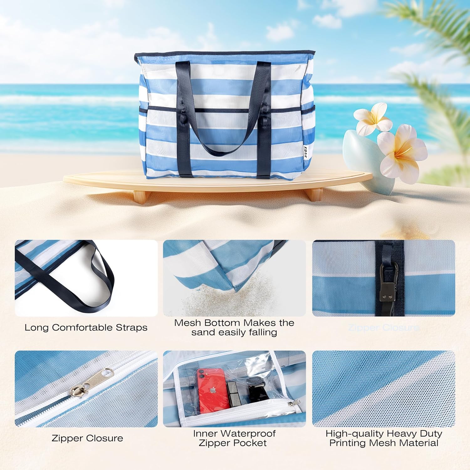 KUAK Mesh Beach Bag, Large Beach Tote with Top Zipper, 9 Pockets, Inner Waterproof Pocket for Family Pool Vacation Essentials - Image 5