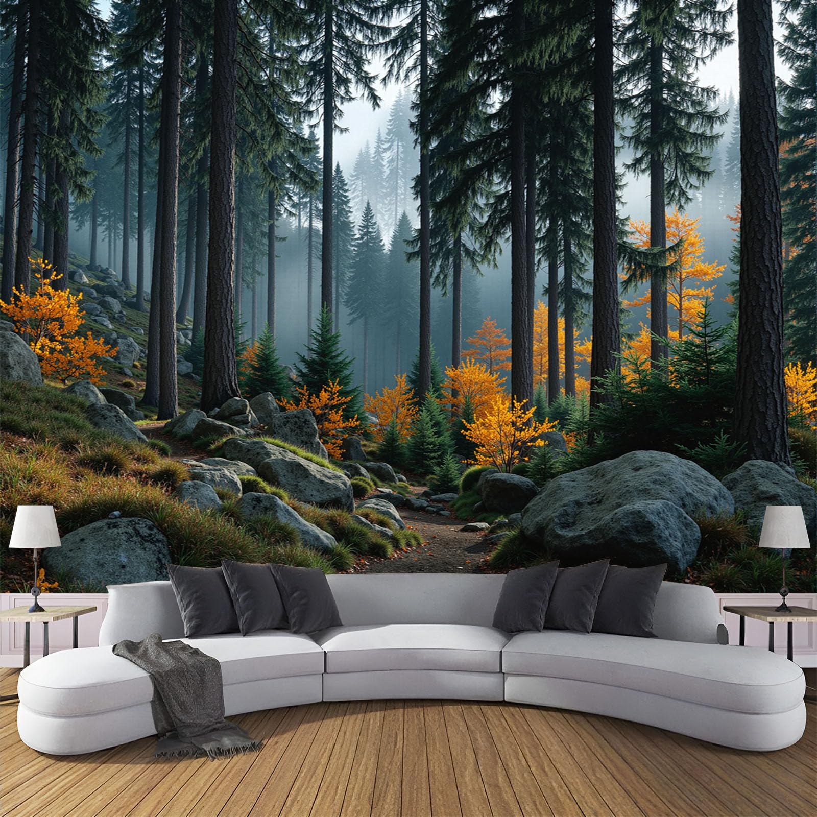 Papier peint panoramique 200x140cm forêt brumeuse et rochers d'automne intissé pour salon