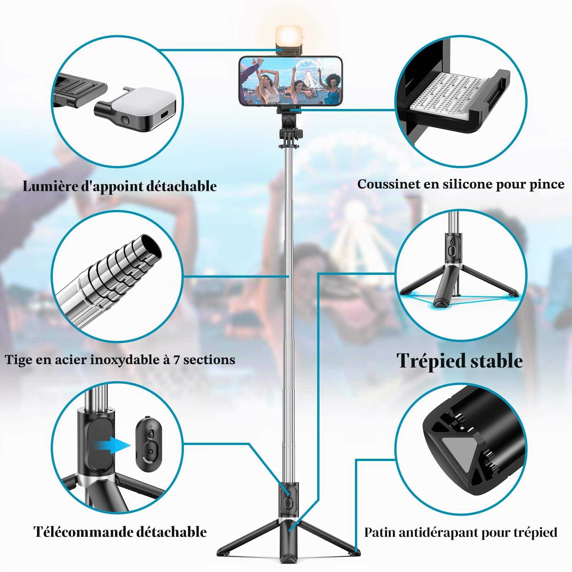 Perche Selfie Trepied avec Lumière, Perché à Selfie Trépied Smartphone Bâton Selfie Portable Télescopique avec Télécommande Amovible et Rotation à 360 ° pour iPhone, Samsung, Huawei