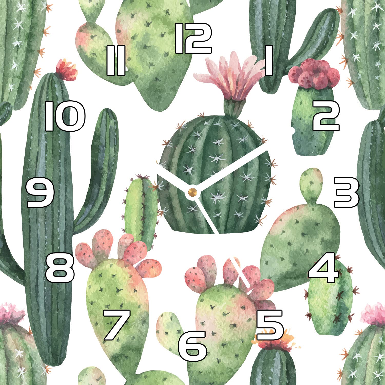 Horloge en verre cuisine salon murale 30x30 cm aiguilles noires cacti mexicain