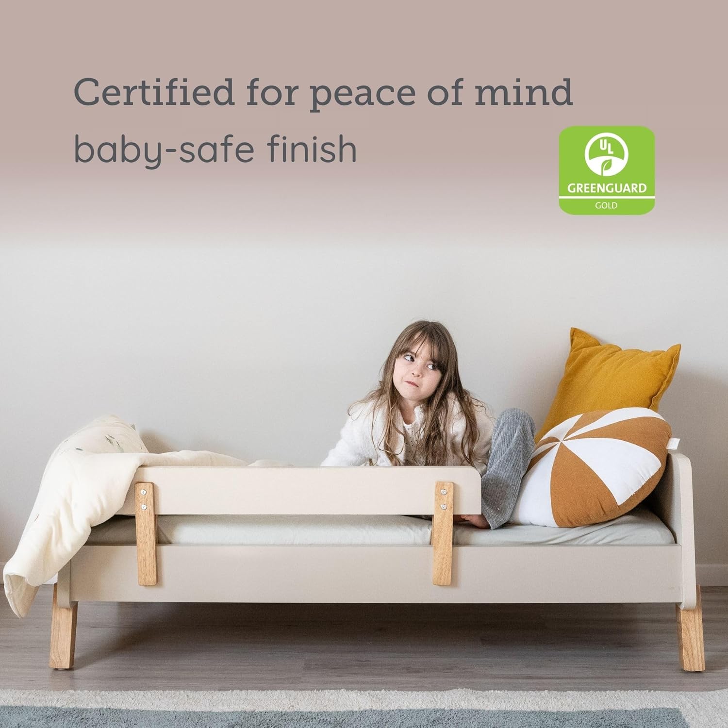 dadada Muse Toddler Bed with 2 Removable Safety Rails. Montessori Bed for Kids. Sturdy Solid Wood Frame, Fits Standard Crib Mattress, Easy to Assemble, Toddler Bed for Boys & Girls - Almond Milk