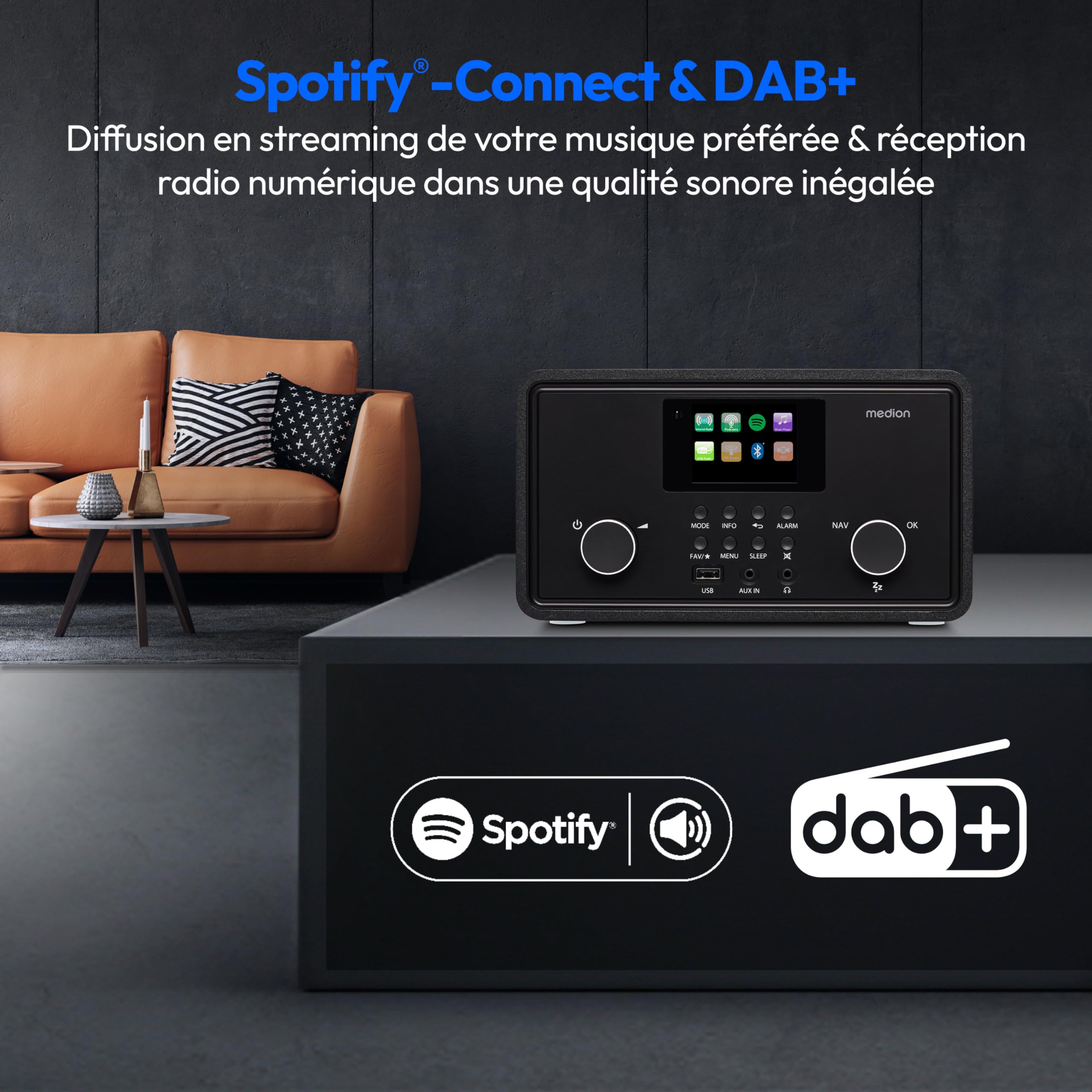 MEDION Radio Internet P85027 (Dab Plus, Radio FM, Spotify Connect, WLAN, Bluetooth, Streaming, égaliseur, écran Couleur, USB, AUX, réveil, Fonction Snooze, minuterie d'arrêt) Noir