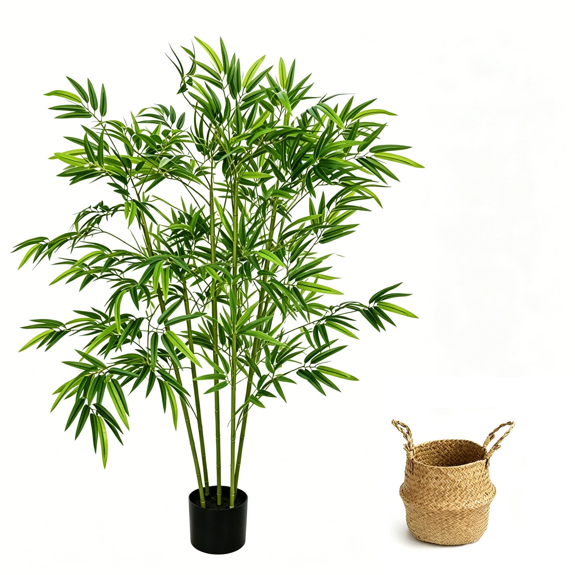 140CM Artificial Plant Tree Indoor with Natural Woven Basket, Lifelike Fake Bamboo Plant Indoor, Tall Faux Green Plant with Adjustable Branches for Living Room Office Bedroom Corner Home Decor
