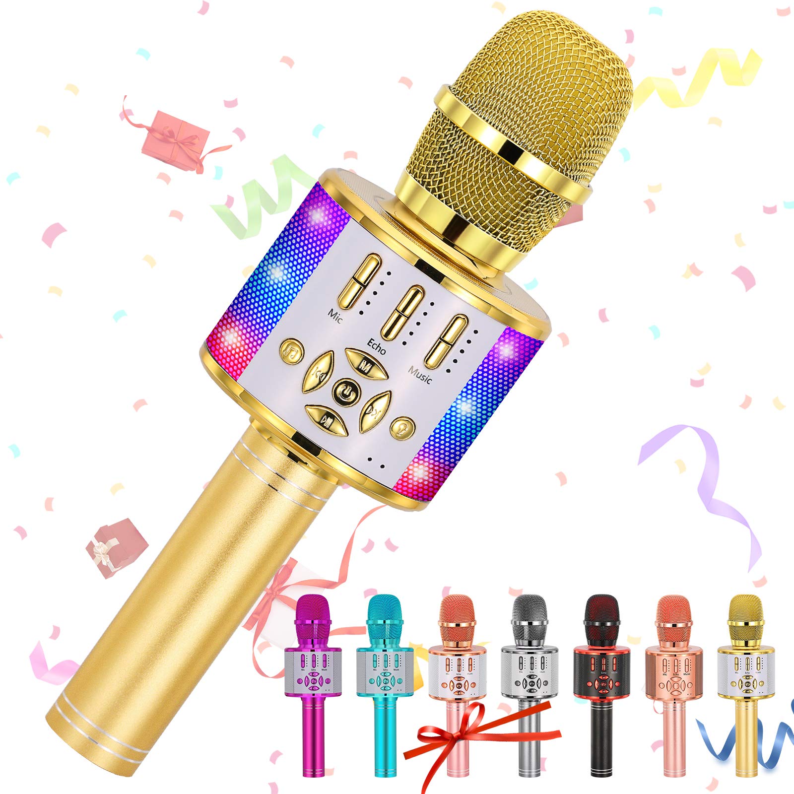 Amazmic Kids Karaoke Microphone Machine Toy Bluetooth Microphone Portable Wireless Karaoke Machine Handheld with LED Lights, Gift for Children Adults Birthday Party, Home KTV(Gold)