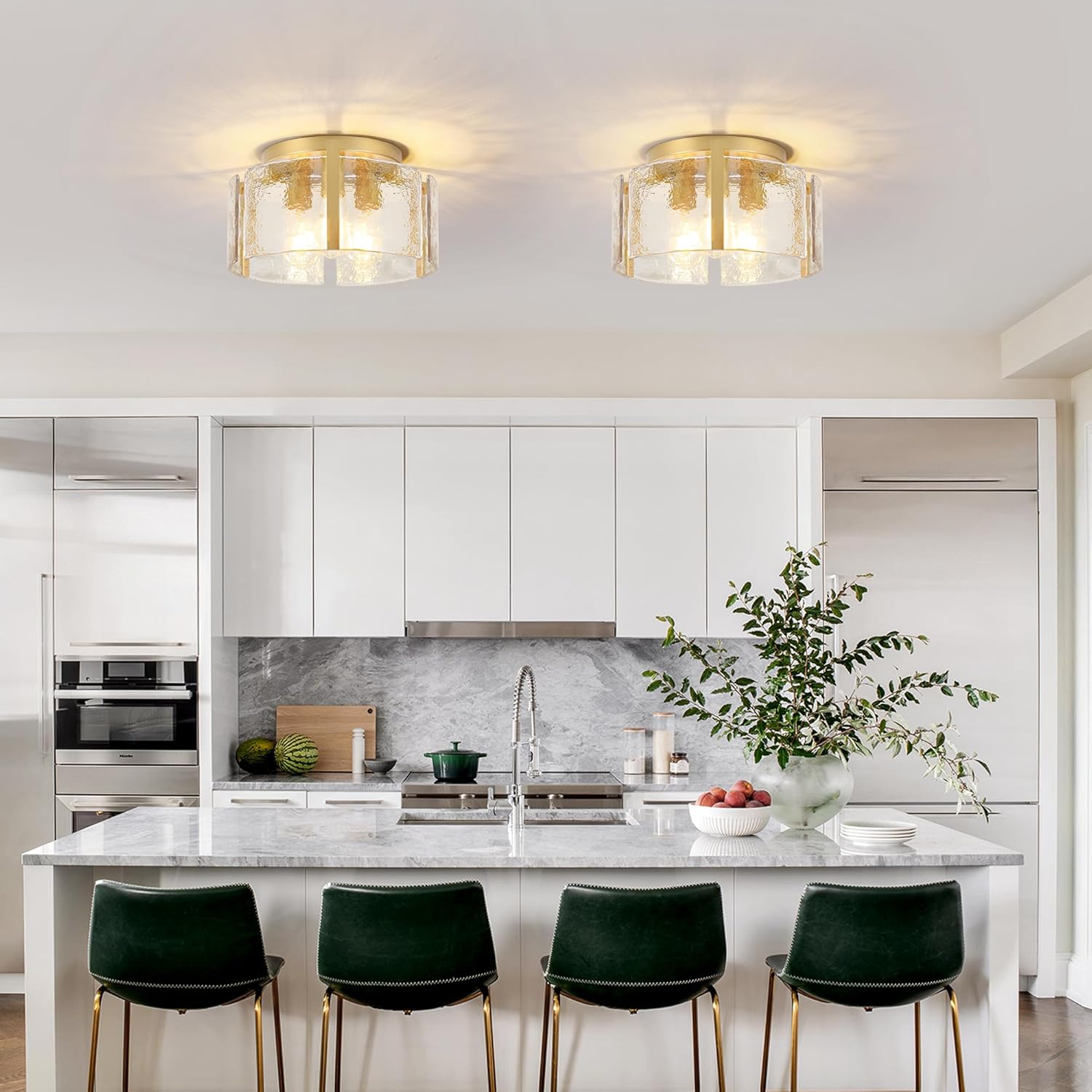 Gold Semi Flush Mount Flush Mount Ceiling Light,15''Modern Hallway Light Fixtures Ceiling Mount,3-Light Drum Glass Ceiling Lights for Kitchen Entryway Foyer Dining Room Bedroom Laundry