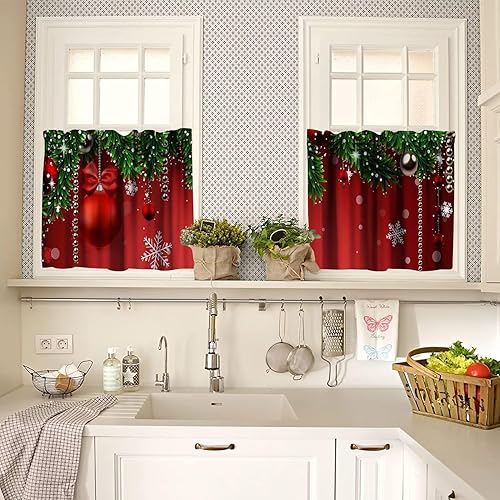 Miniatura 2 de Juego de cortinas y cenefas de cocina de Navidad, decoración de copos de nieve florales rojos, cortinas de ventana de cocina, juego de cortinas de