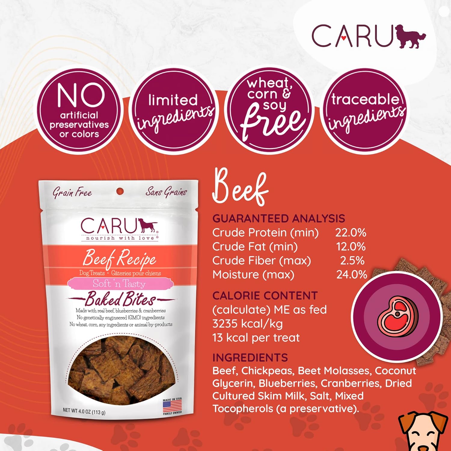 Caru - Soft n’ Tasty Baked Bites - Beef Bites Dog Treats - Flavorful Training Treats - 4 oz Bags - Pack of 3