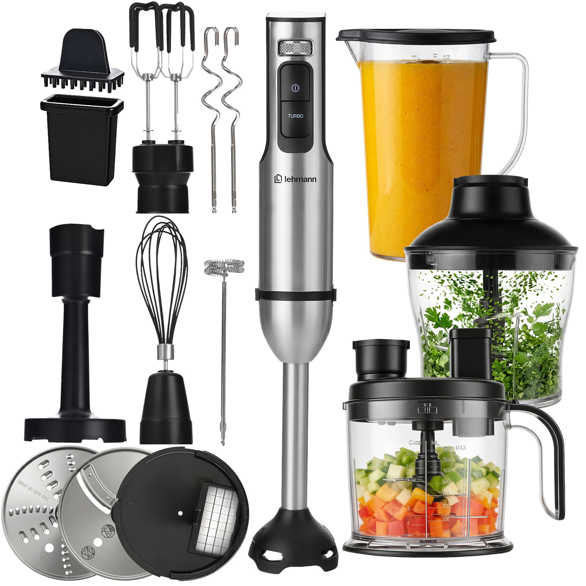LEHMANN Set Frullatore a Immersione Multifunzione 10 in 1, 2000 W, 12 Velocità e Turbo, 12 Accessori, Bicchiere 800 ml, Tritatutto 600 ml & 1500 ml senza BPA, Sistema Antispruzzo e Antigraffio