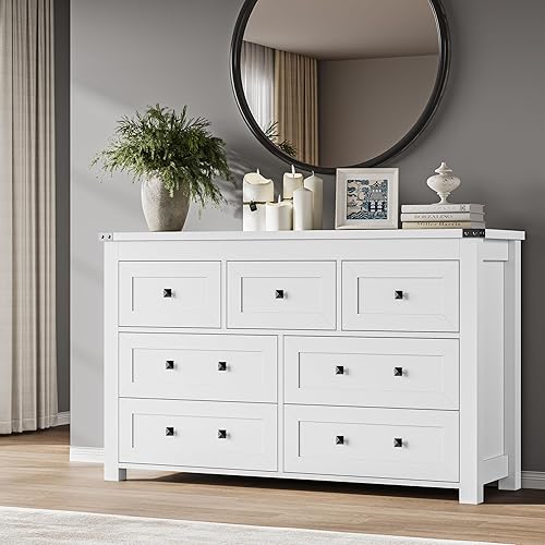 Miniatura 26 de Cómoda de 6 cajones, cofre de almacenamiento de madera moderno con cajones, soporte de TV para cómoda, organizador de cajones de madera con manijas