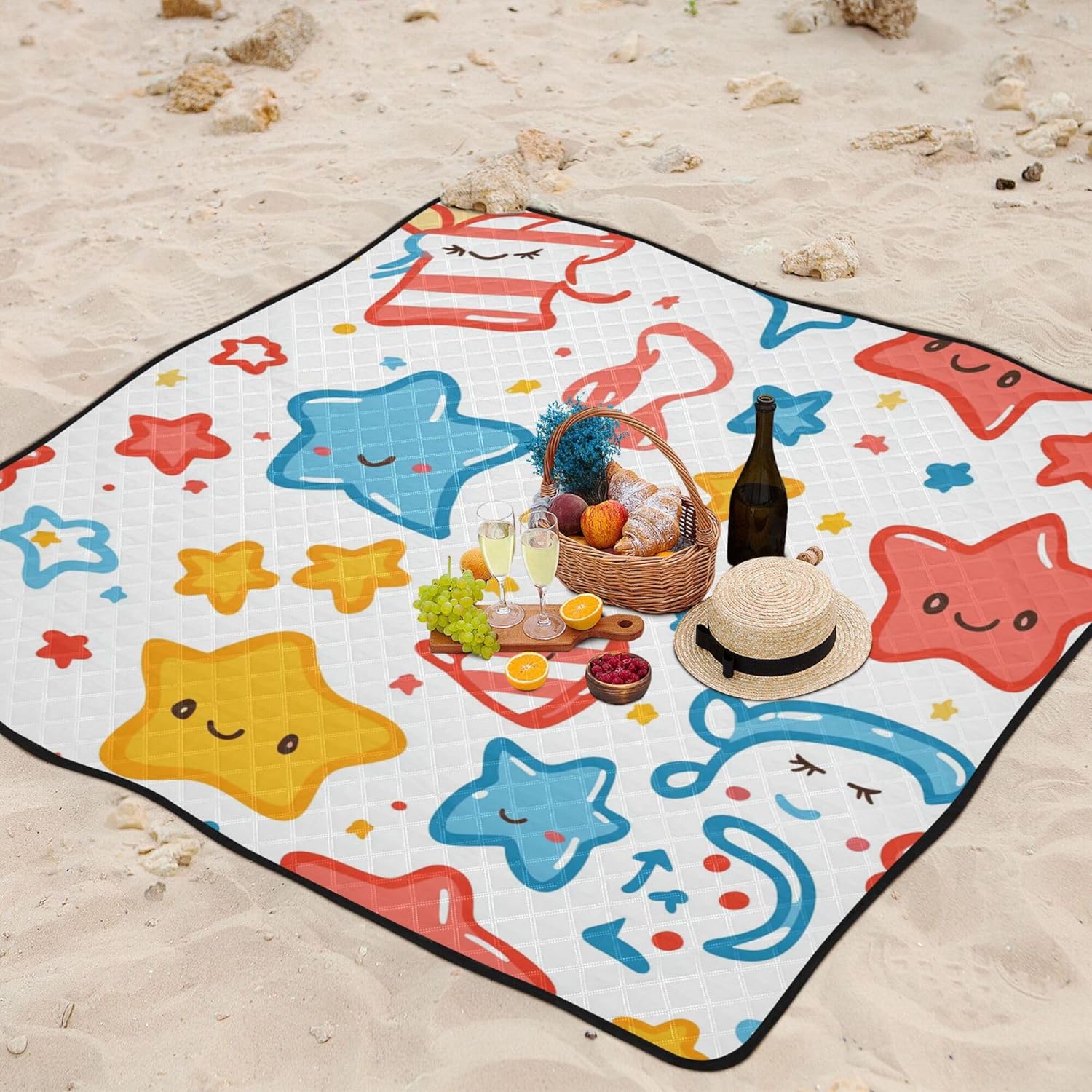 Yuiboo 4th July American Independence Day Cute Waterproof Picnic Table XXL Grass Portable Picnic Blanket for Family Picnic Items cobija para el parque
