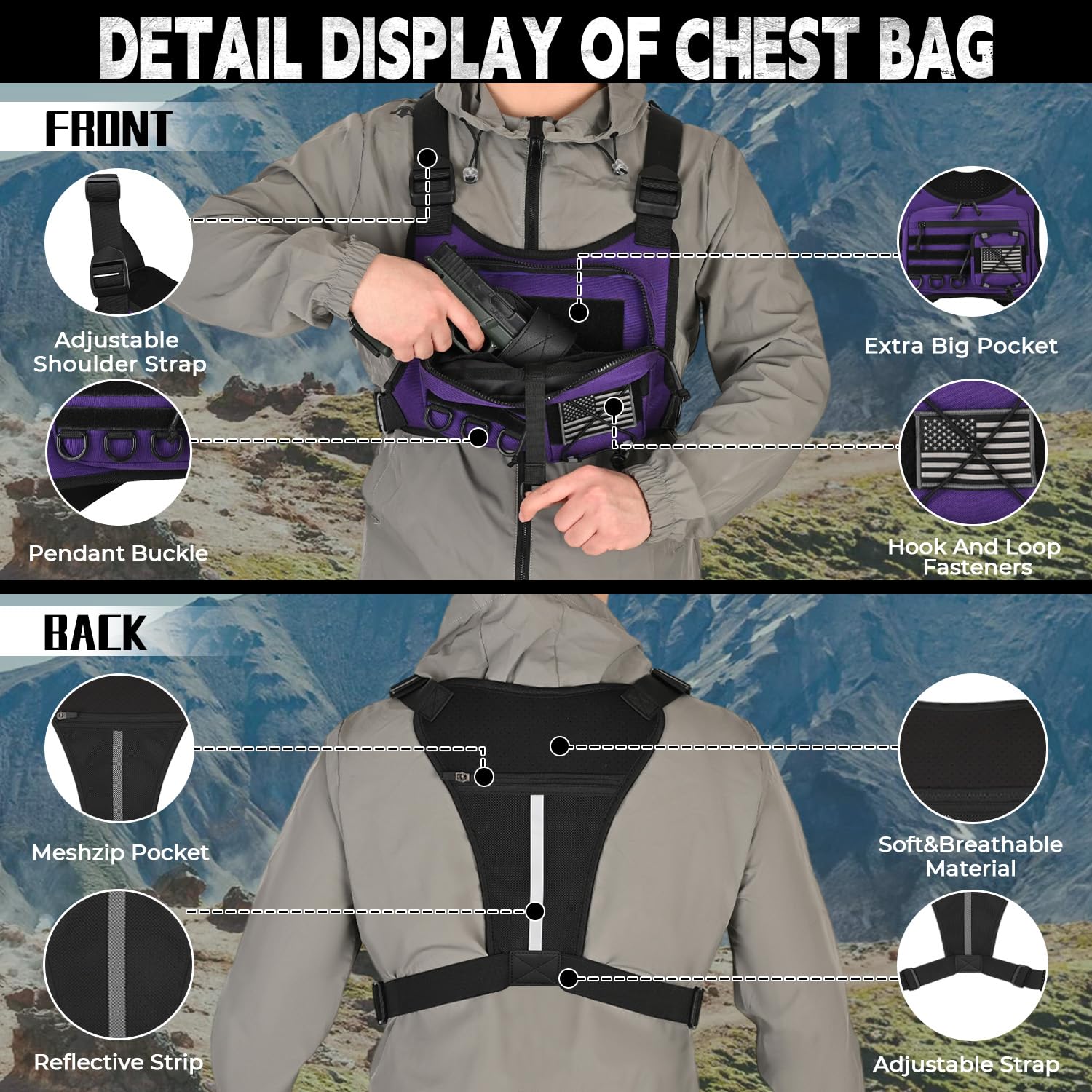 Outdoor Sport Brusttasche für Herren, Brustwestenholster passend für die meisten Pistolen, EDC Travel Chest Pack für Laufen, Wandern (lila)