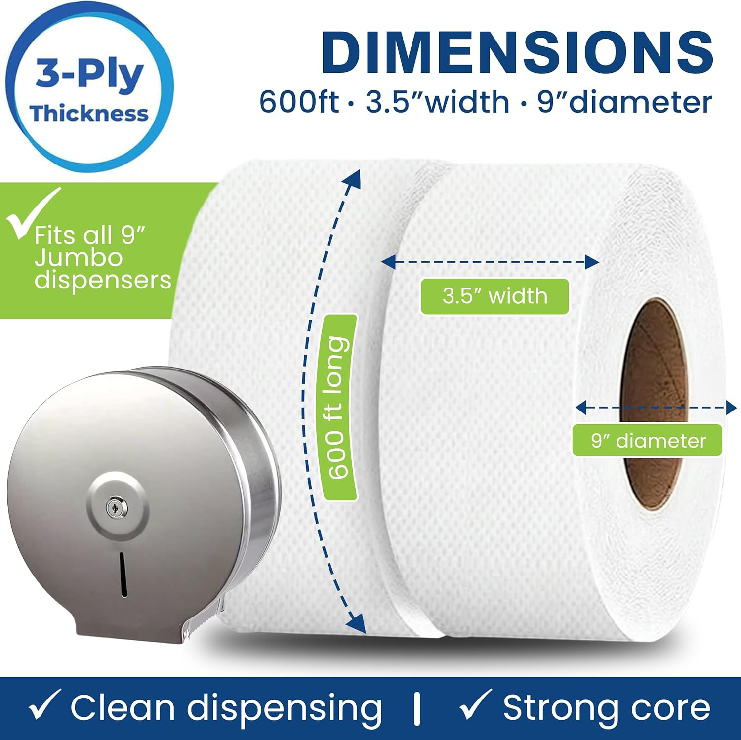 Commercial toilet paper - Jumbo toilet paper rolls -6000 FT Industrial 3-Ply 9” Bulk Large Roll for Standard Jumbo Dispenser -100% Recycled Fibers-Soft and Absorbent Bathroom Tissue -10 Roll Case Pack