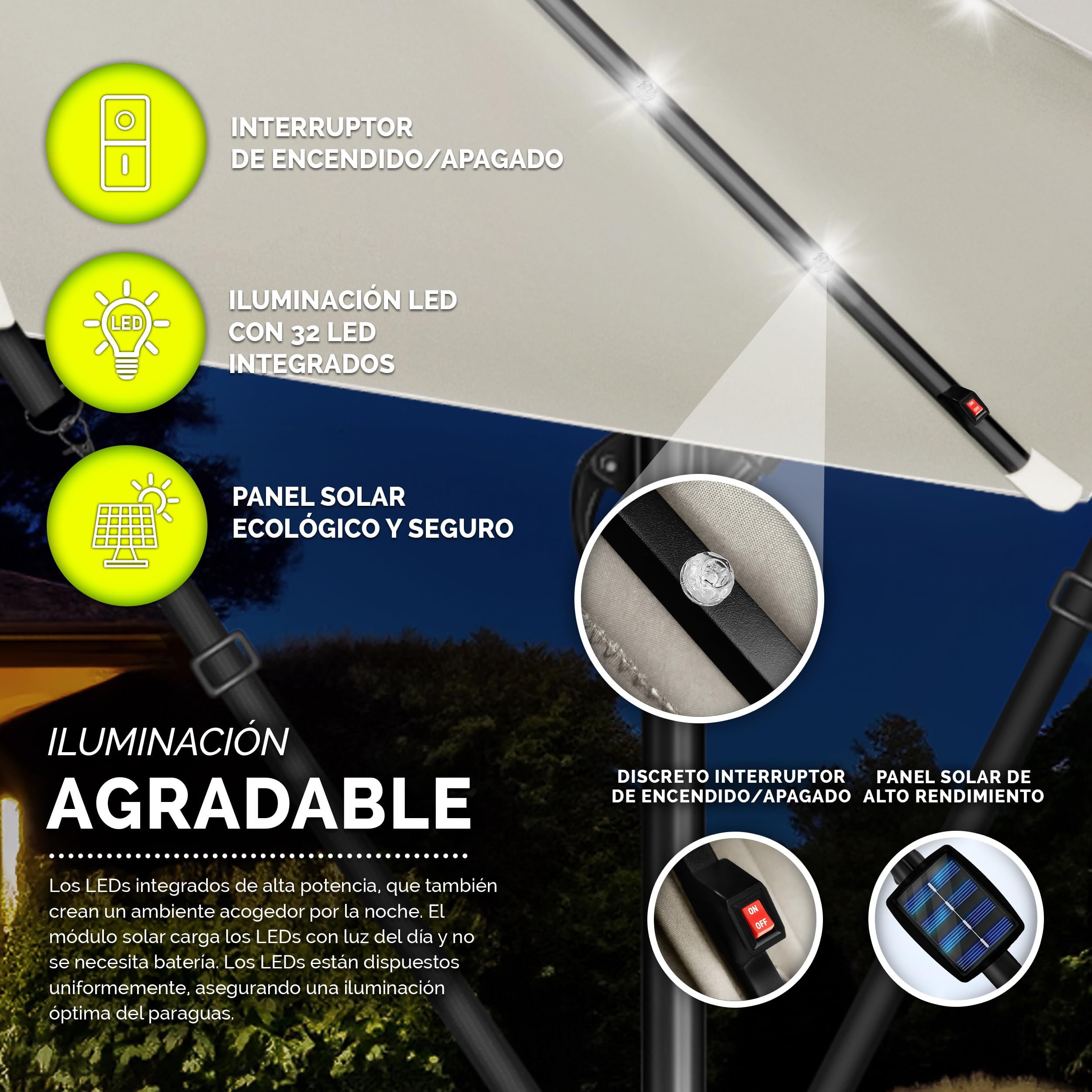 tillvex 300/350 cm Sombrilla Excentrico con 32 Luces LED Solar | Parasol para Terraza Jardín Balcón Patio | con Manivela y Base en Cruz, Giratorio 360º, Protección UV